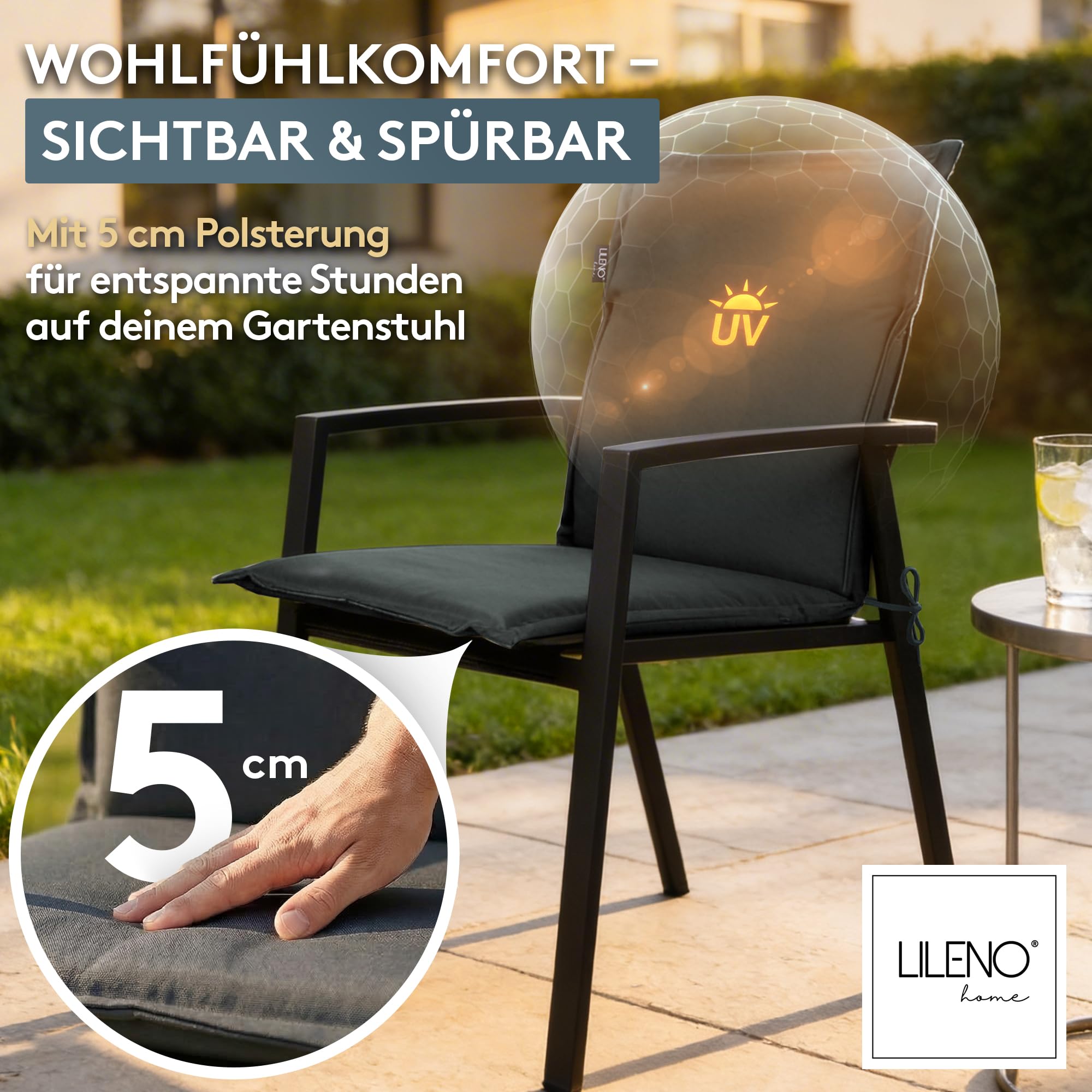 LILENO HOME Gartenstuhl Auflagen [4er Set - Niedriglehner] in Anthrazit - Bequeme Liegen als Sitzauflagen für Gartenmöbel - Stuhlkissen für Gartenstühle und Klappstühle MIA
