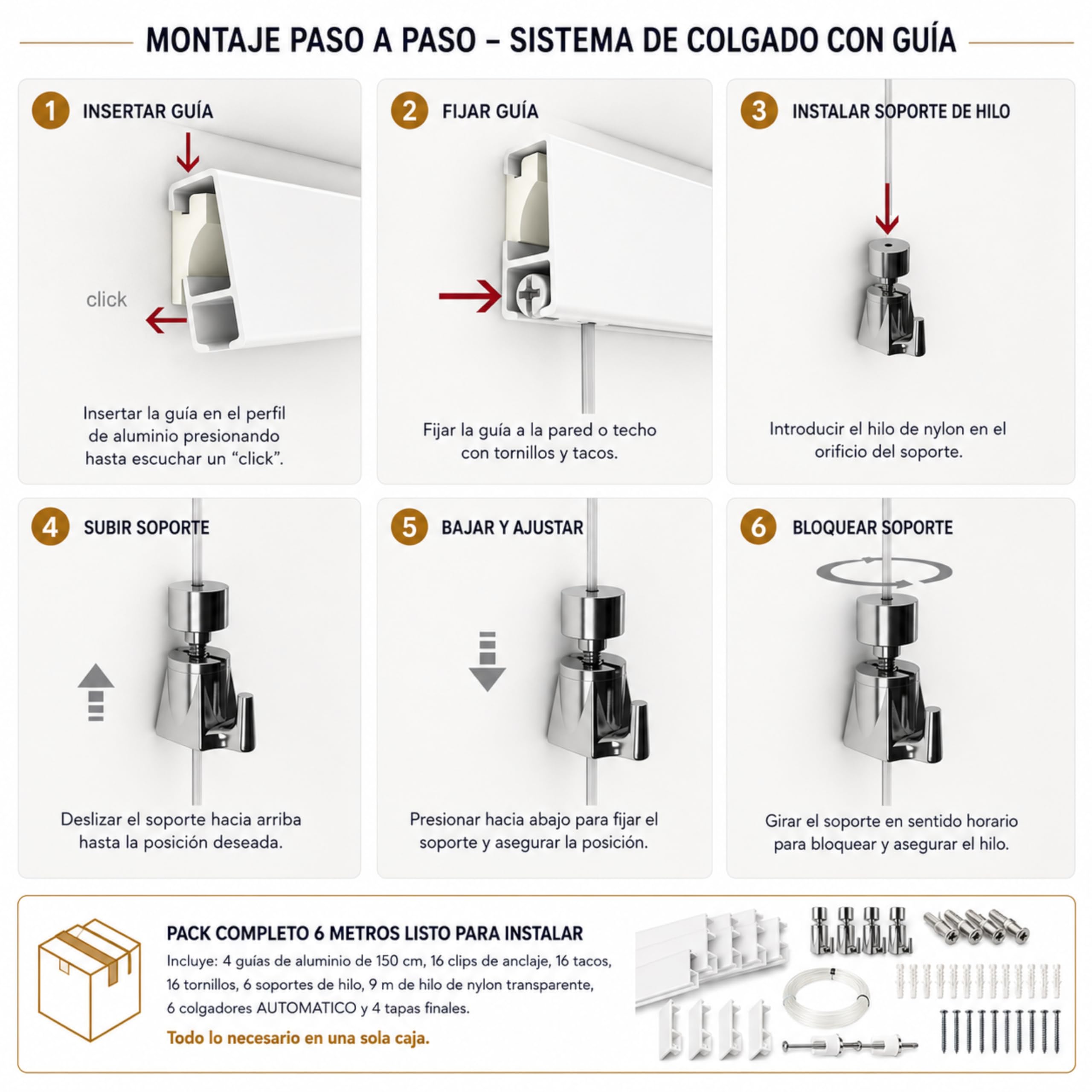 riel colgar cuadros Eurohang Pack 12m Sistema Modular Guías Aluminio Blanco mate con 14 Colgadores Automático, Kit Profesional Cuelga Cuadros sin Clavos para Hogar Oficina Galería