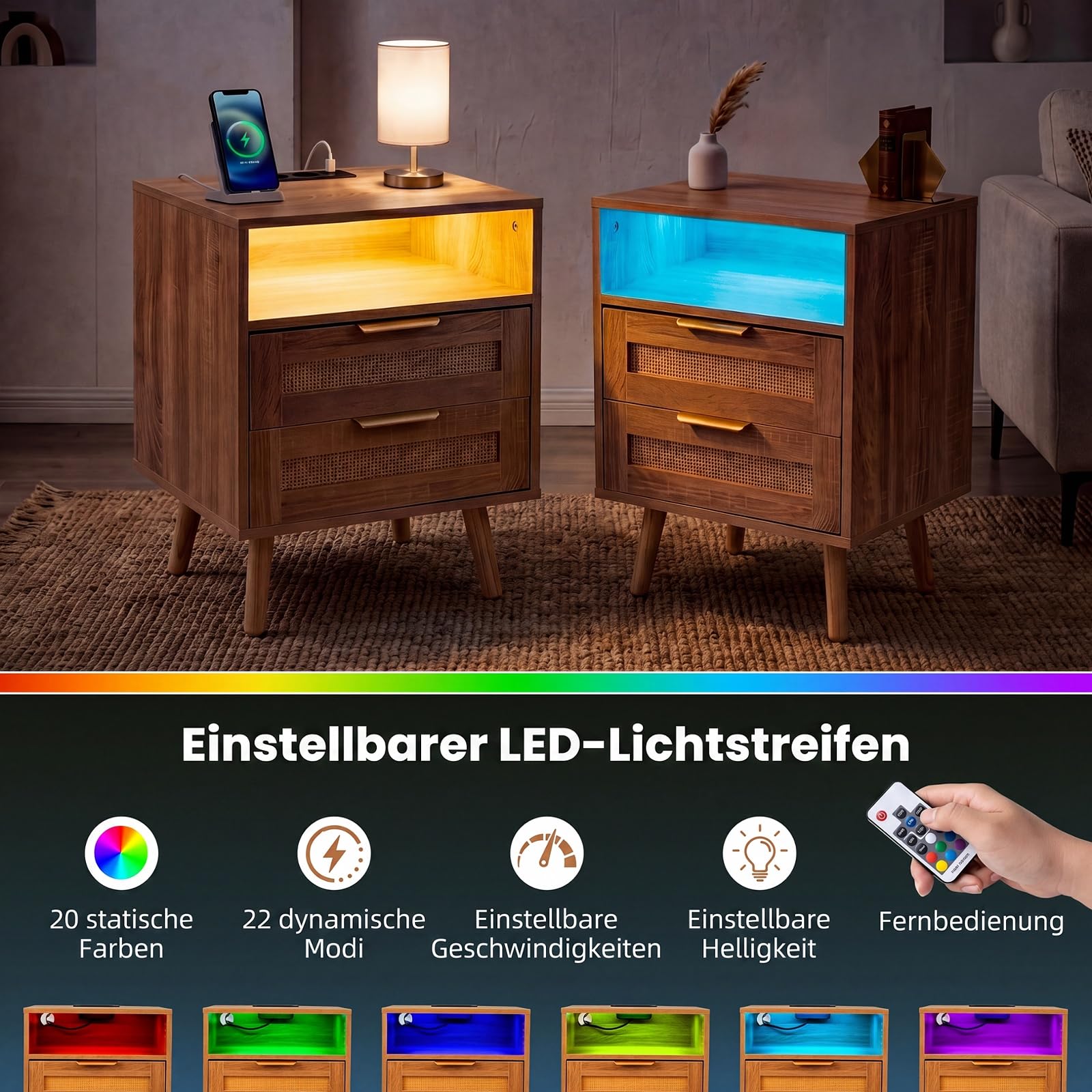 COSTWAY 2er Set Nachttisch mit Ladestation & LED-Leuchten, Holz Nachtkommode mit 2 Schubladen, Beistelltisch mit Rattan-Optik, Nachtschrank mit Fernbedienung, für Schlafzimmer， Wohnzimmer, Natur