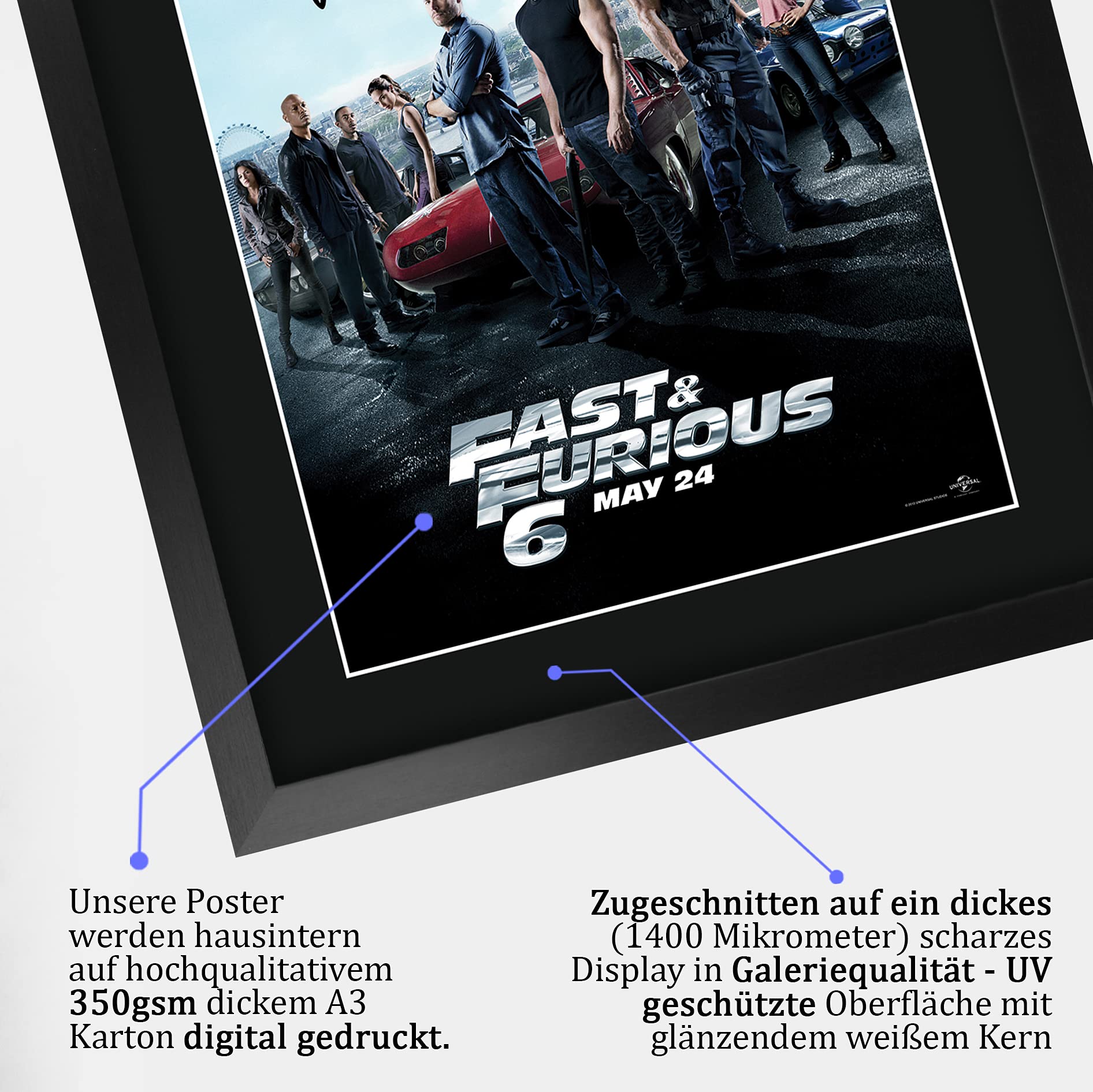 HWC Trading Poster mit Autogramm und Autogramm von FR A3 Fast & Furious 6 Vin Diesel, Paul Walker, Dwayne Johnson Gifts, für Film-Fans – A3 gerahmt