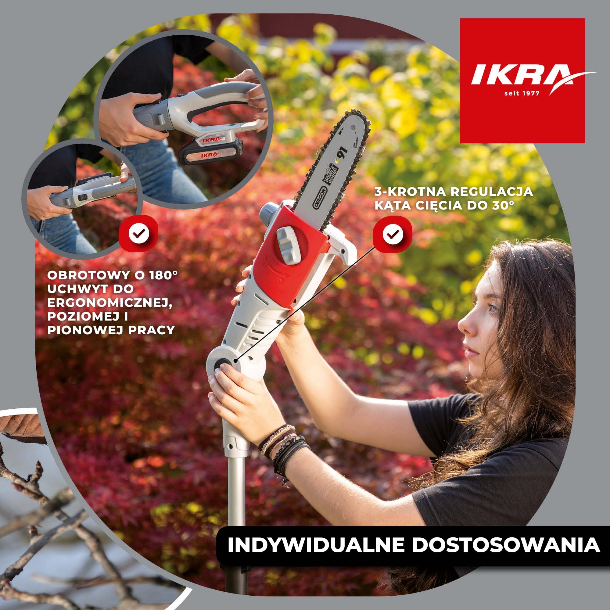 IKRA Piła teleskopowa do gałęzi ICPS 2020 z akumulatorem i ładowarką | Długość prowadnicy 20 cm, zasięg pracy do 4 m, lekka konstrukcja, obrotowy uchwyt 180°, kompatybilna z akumulatorami IKRA 20V
