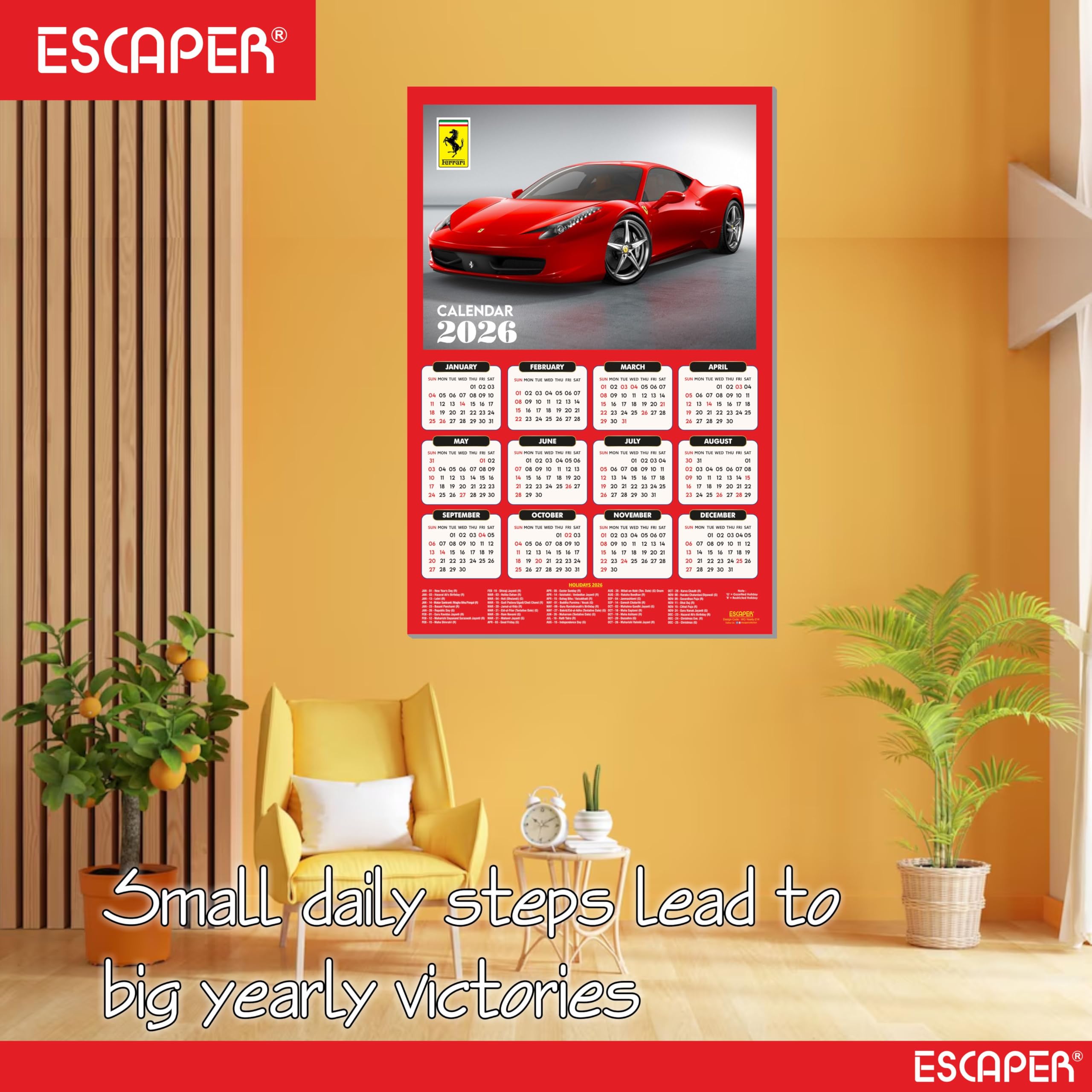ESCAPER Calendario de pared de coche 2026 - 45 x 30 cm, decoración de pared de coche deportivo y automóvil, calendario colgante grande para decoración de habitación y hogar
