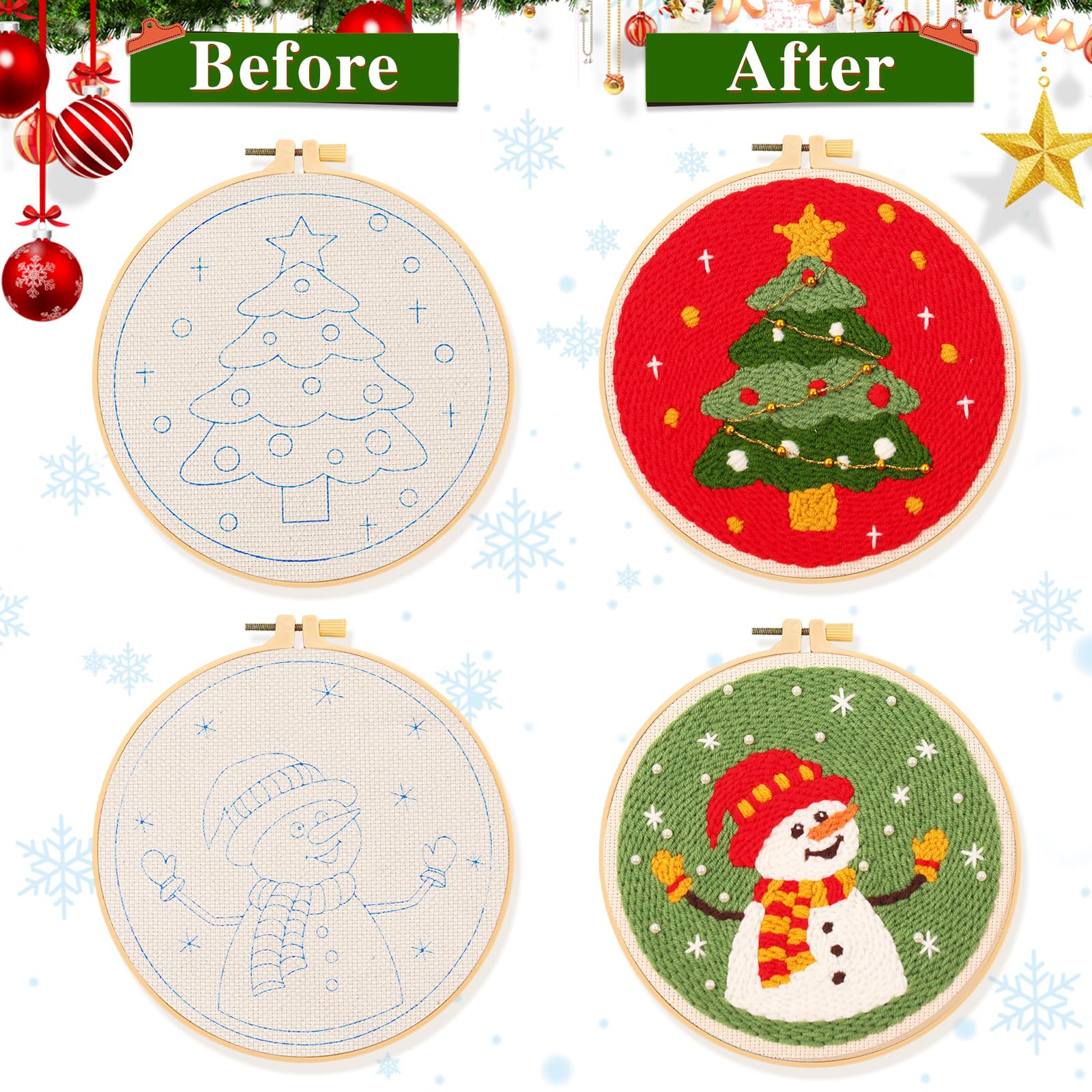 JSRQT 2 set di aghi da punzonatura natalizi per principianti, kit di ricamo per adulti e bambini, con motivo albero di Natale, pupazzo di neve, kit per ricamo per principianti con istruzioni (lingua