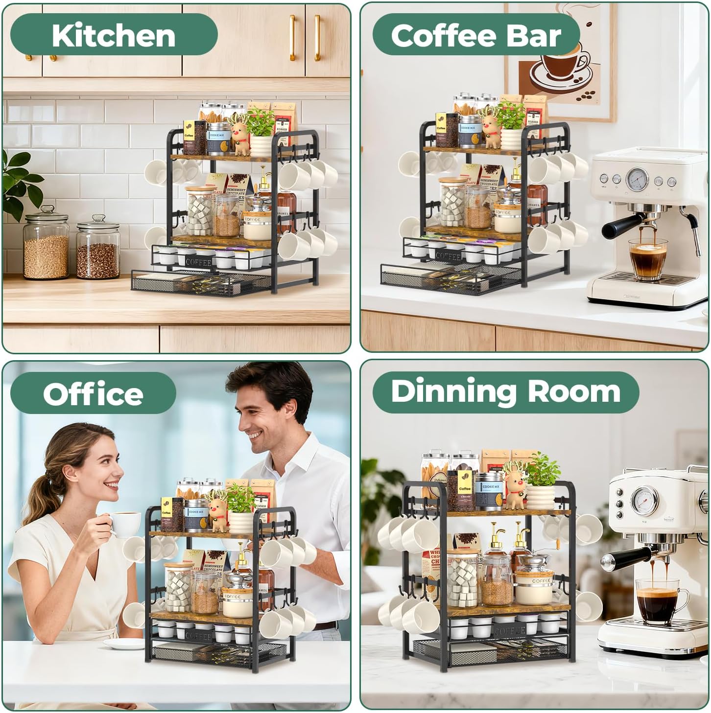 EsLuker.ly Coffee Bar Organizer Station Shelf Mug Holder for Countertop, 4 Tier Mug Holder Stand with 12 Hooks, K Cup Pod Drawer