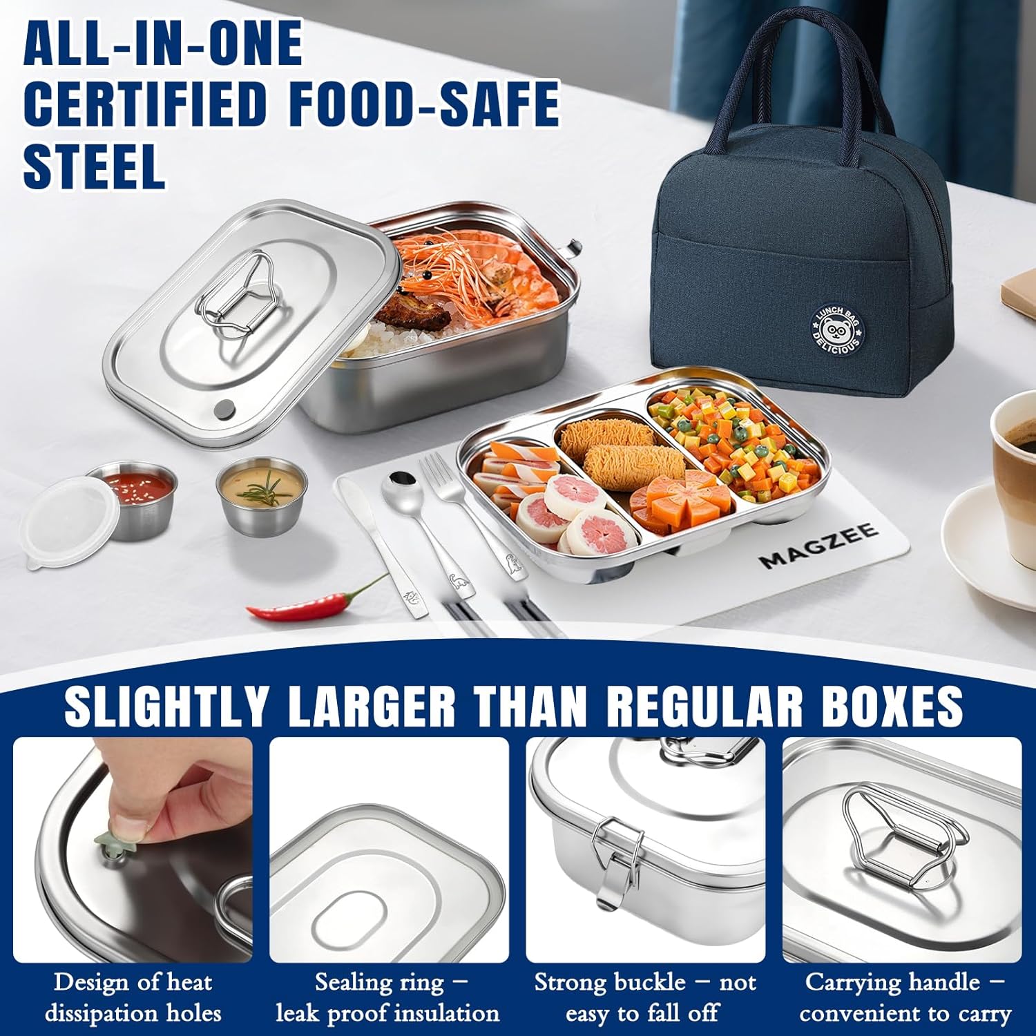 Stainless Steel Lunch Box Leakproof 3-Compartment Tray, 1800ml Stainless Steel Bento Box with Utensil Set, Sauce Cups and Lunch Bag, Dishwasher-Safe Snack Box for Work, Office, Travel, Picnic - Image 3