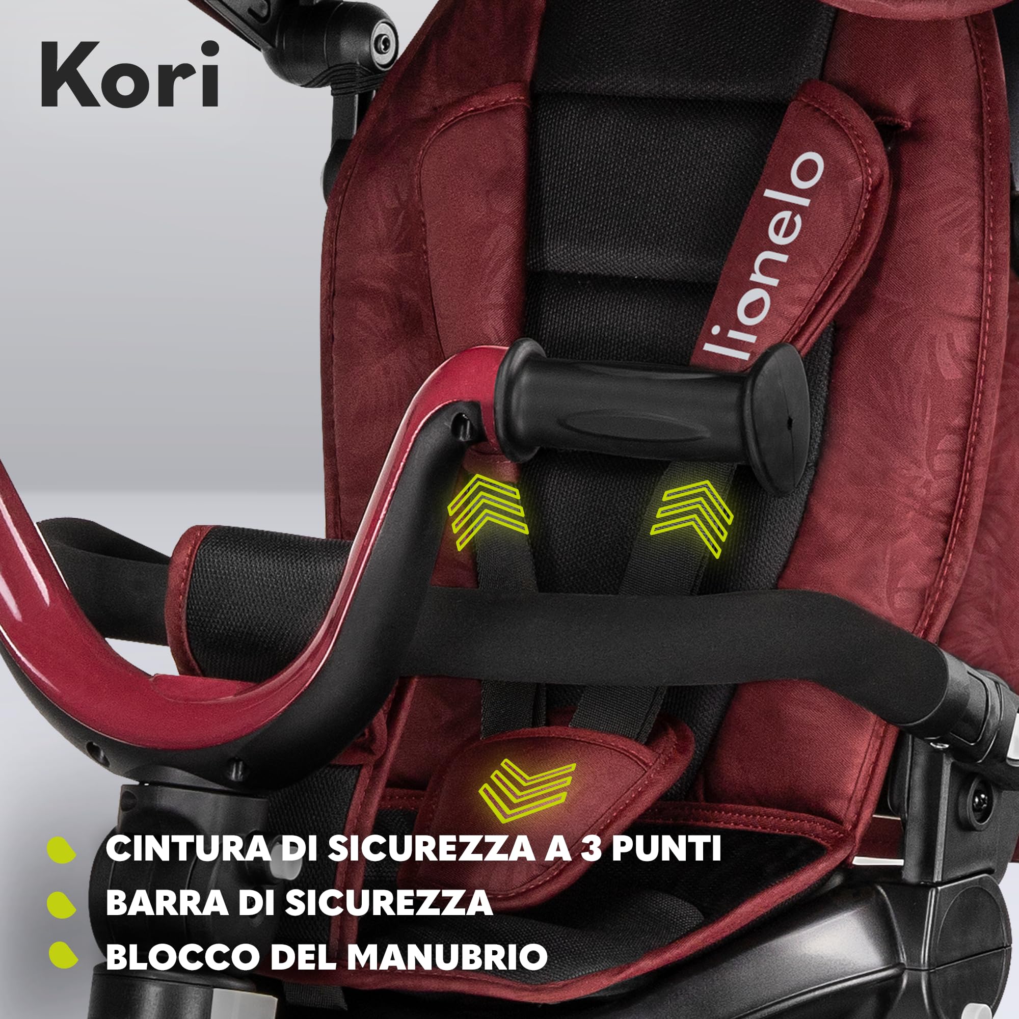 LIONELO Kori Triciclo Evolutivo per Bambini da 1.5 Anni fino a 25 kg Sedile Girevole 360° Telaio ultraleggero in lega di magnesio, Pneumatici resistenti, Maniglione per genitori e Accessori