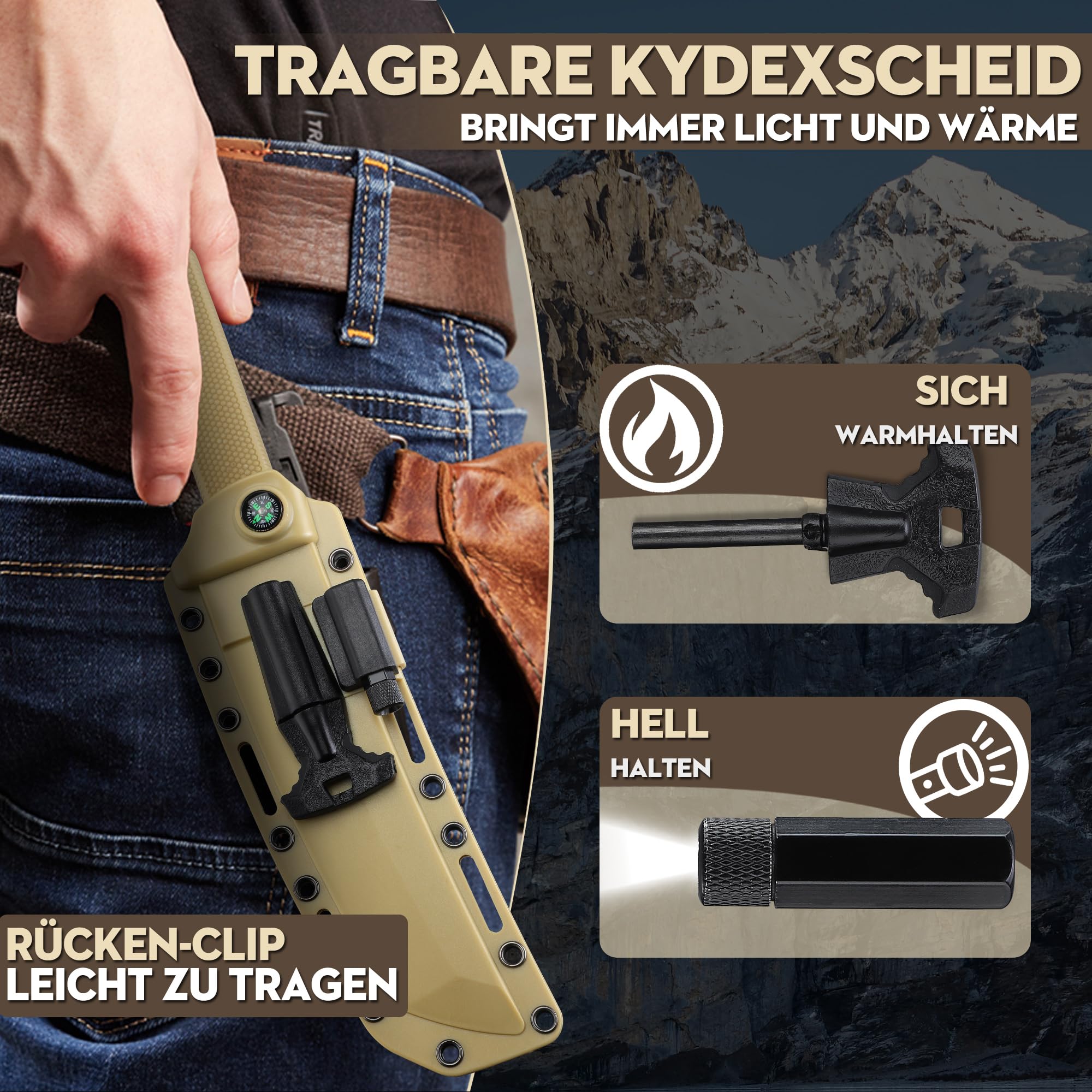 DRGSKL Recon Coltello Tanto Coltello Da Caccia Da Giungla Affilato Con Fodero in Kydex Coltello Da Esterno per Campeggio, Escursionismo Regali Di Natale per Uomini Giallo
