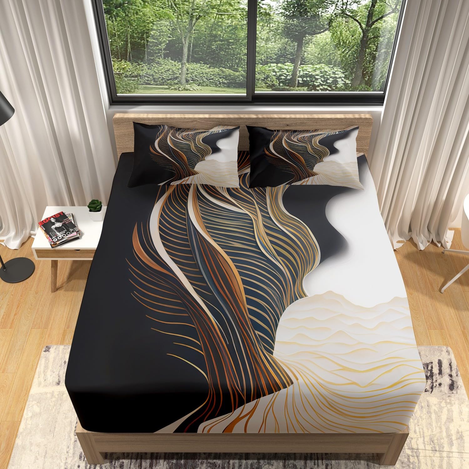 Fitted sheet Single Size Soft Microfibre 30cm Deep Fitted Bed Sheet, Abstract Lines Tree Leaves Pattern Fitted Sheet, Shrinkage and Fade Resistant Bedding - (35x75", Brown) — image 1