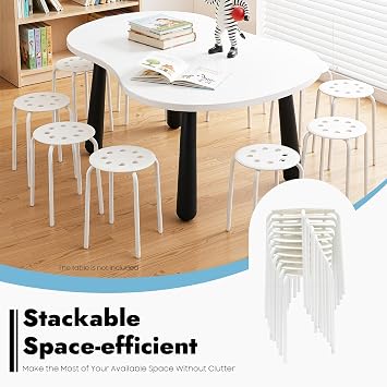 10 Pcs Plastic Stacking Stools, Stack Stools White Chairs with Metal Frame 17 Inch for Kids Adults Students Portable Classroom Home Kitchen Garden Office