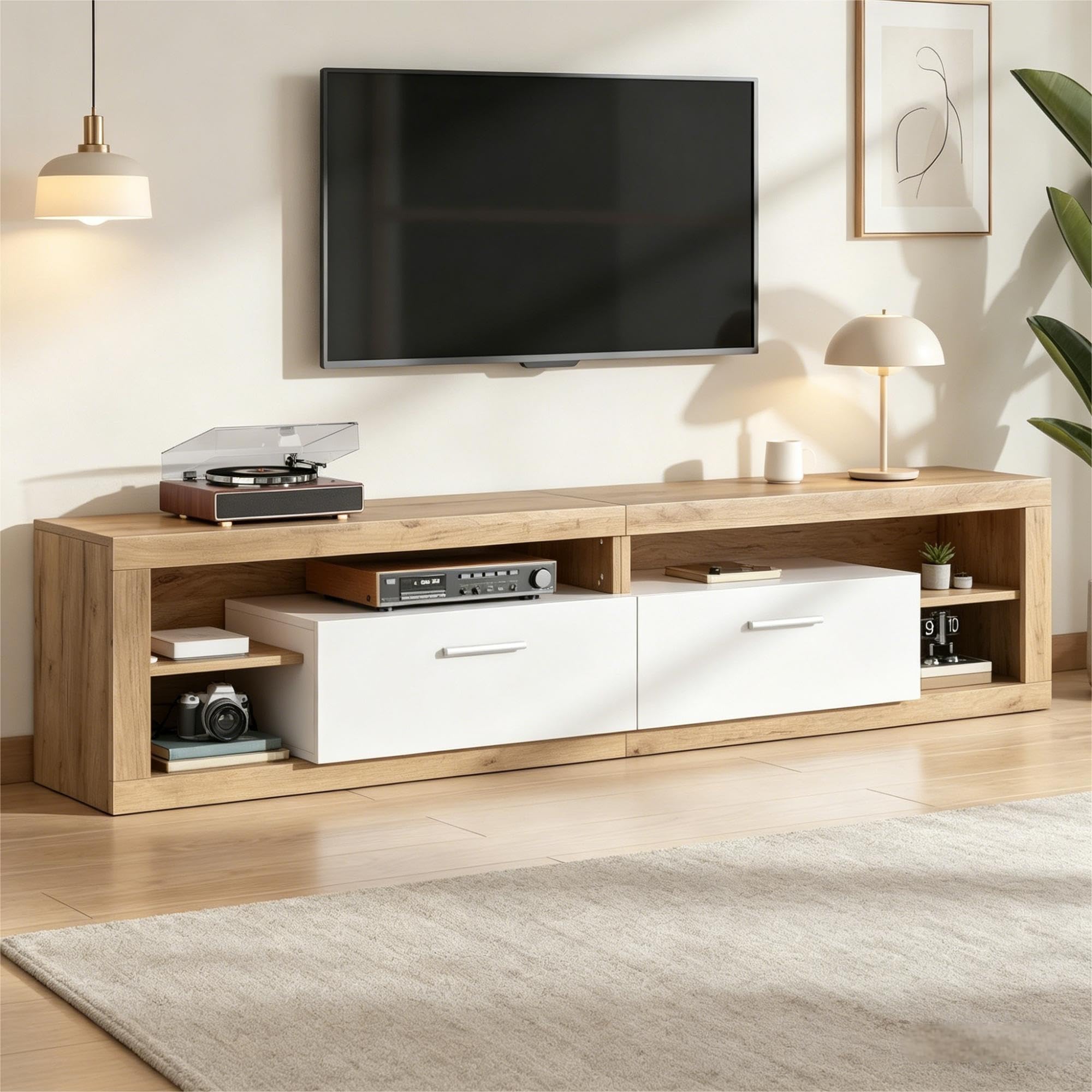 Meuble TV 180 cm, Meuble Tele avec LED Connectée (APP), 2 Tiroirs, 4 Étagères Ouvertes, pour TV 75 Pouces, Bois Clair et Blanc, 180x35.5x50 cm