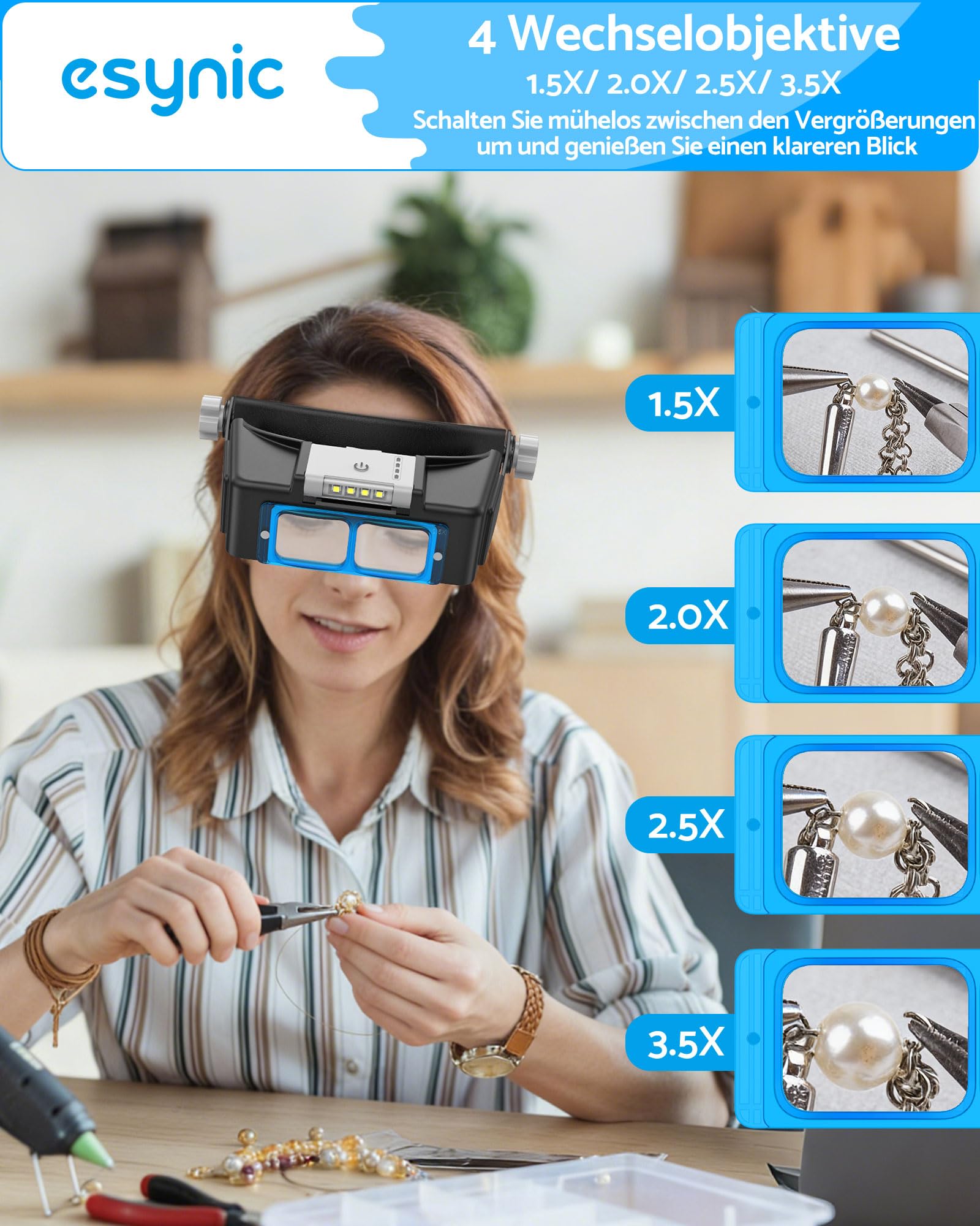 eSynic Stirnbandlupe mit LED Licht Stirnlampe Lupe 4 Wechsel-Linse 1.5X–3.5X Wiederaufladbar 300mAh Leselupe 2 Helligkeitsstufen Verstellbares Kopfband 48–58cm Kopflupe für Elektronik & Handarbeit