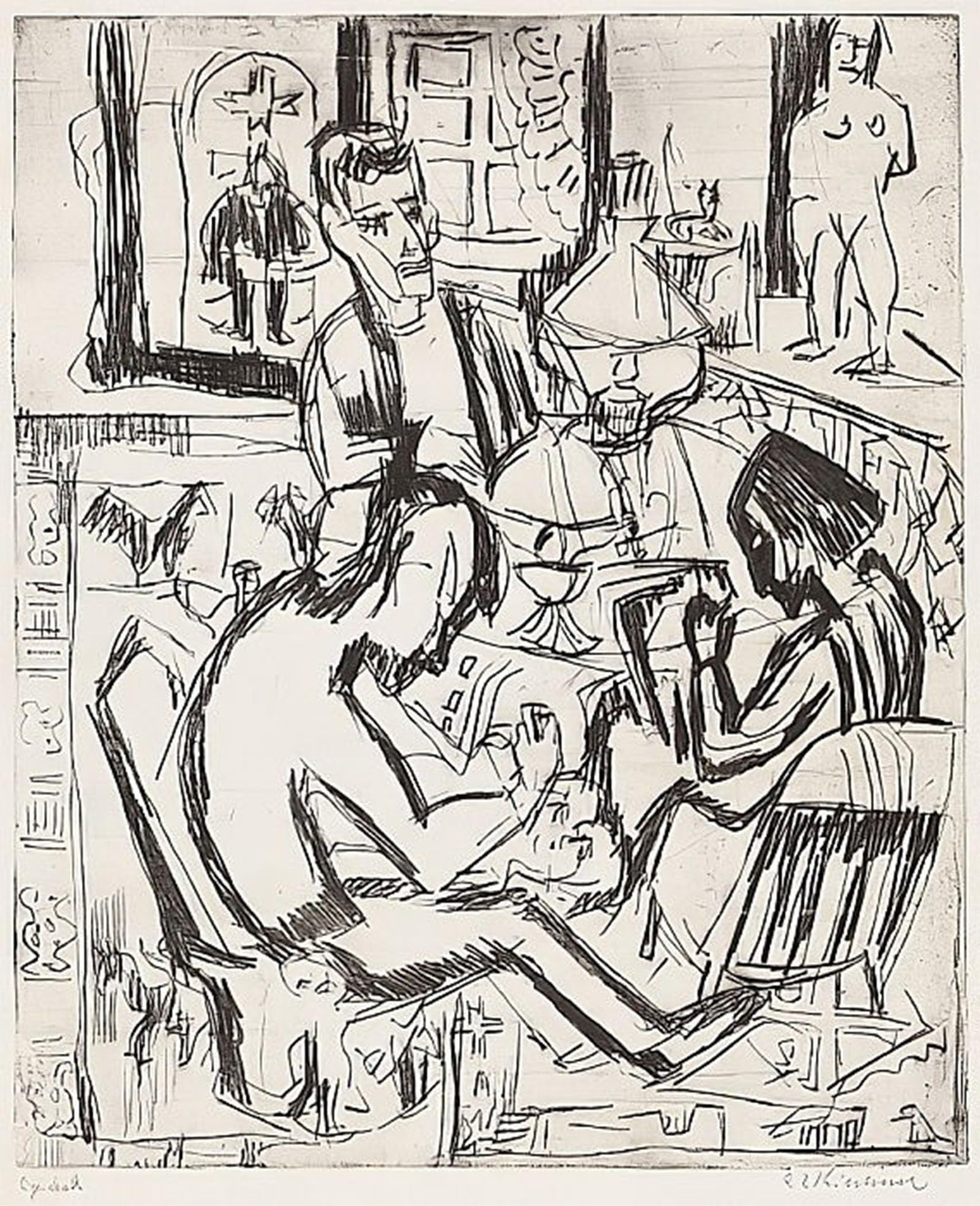 ARTXLXXBN Famous Print Painting Colorful Art Print Interior with people by Ernst Ludwig Kirchner Canvas Art Decorations for Home Decor 60x90cm