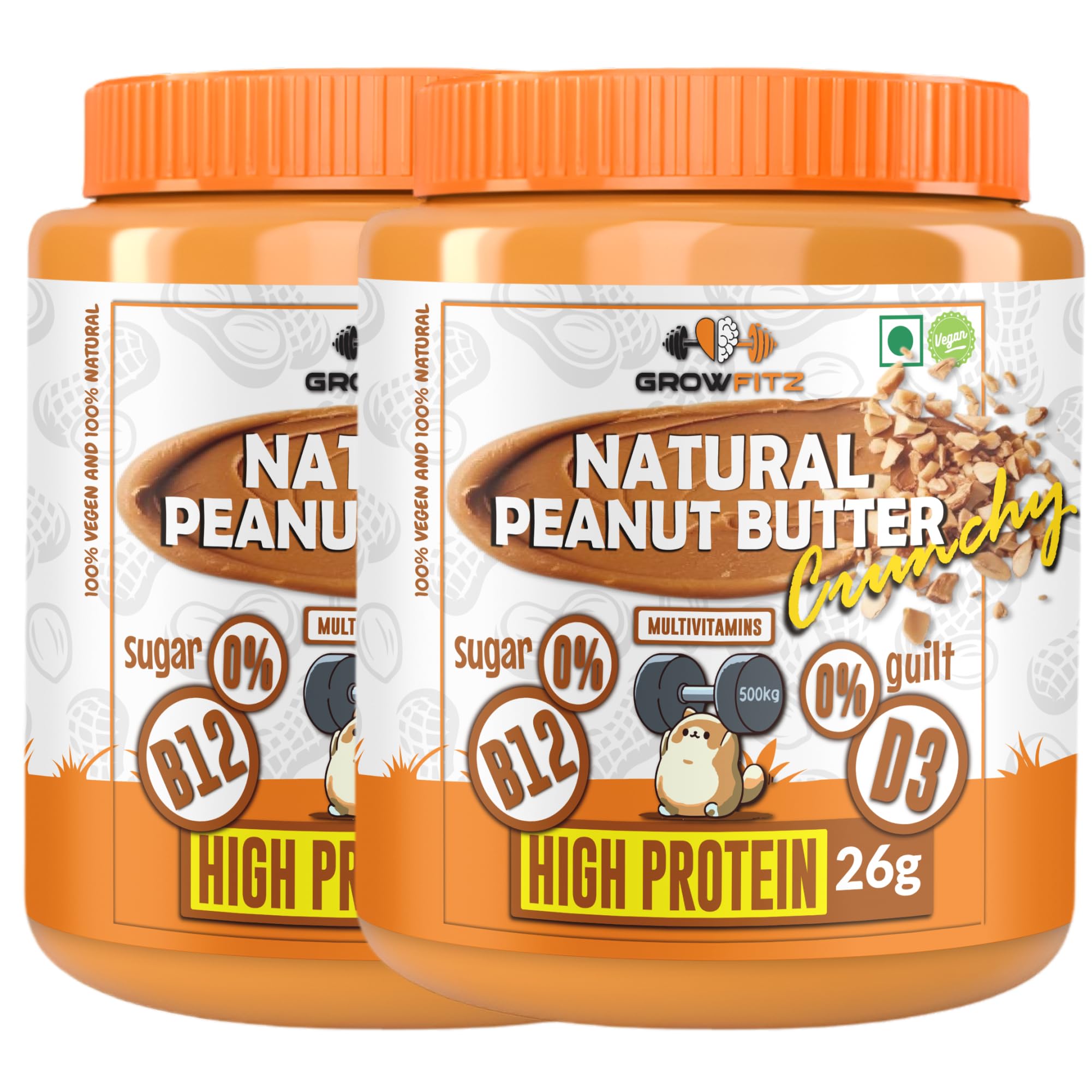 Growfitz Natural Peanut Butter Crunchy | Vegan | Unsweetened | High Protein + Vit B12 + D3 & Calcium | Boost Muscles, Brain & Bones | 100% Pure, Non-GMO, Gluten-Free, Cholesterol-Free (Natural Crunchy - Set 2)