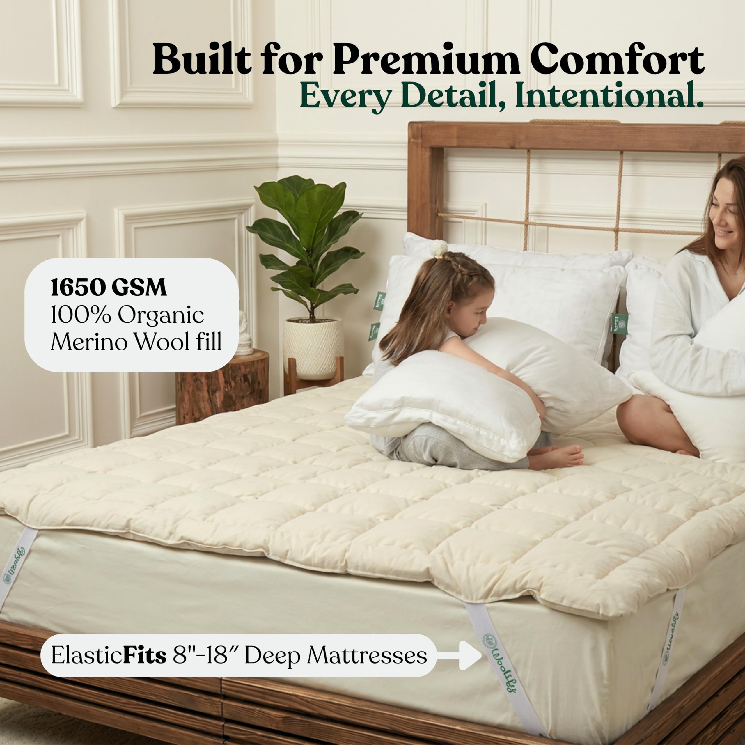Somnhavn Surmatelas en Laine mérinos Biologique, 100% Laine Naturelle, hypoallergénique, Doux et épais, pour Toutes Les Saisons, Fait à la Main et respectueux de l'environnement, 180x200