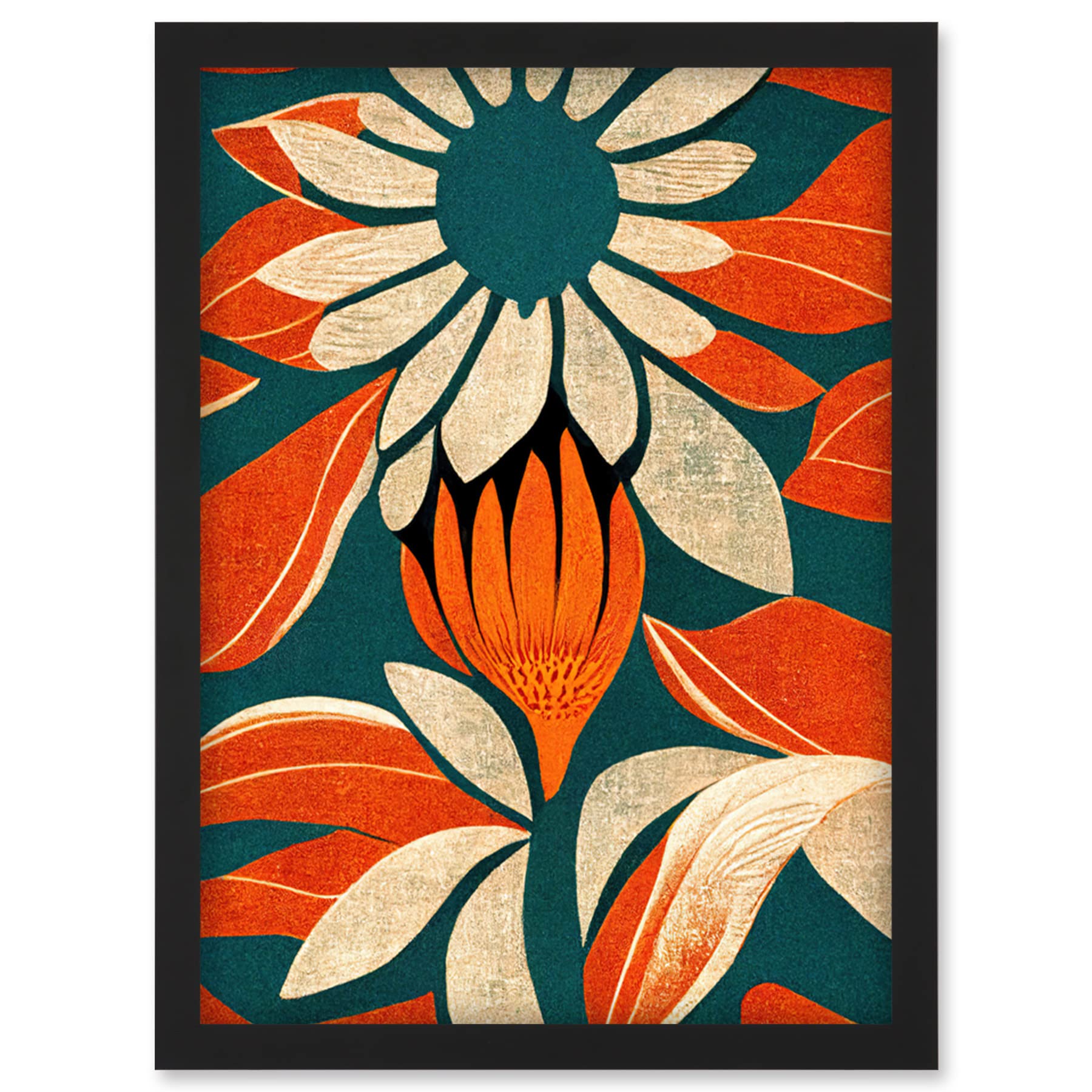 Artery8 Flower Design Teal Orange Abstract Linocut Wall Art PrintA4 Size from B&Q