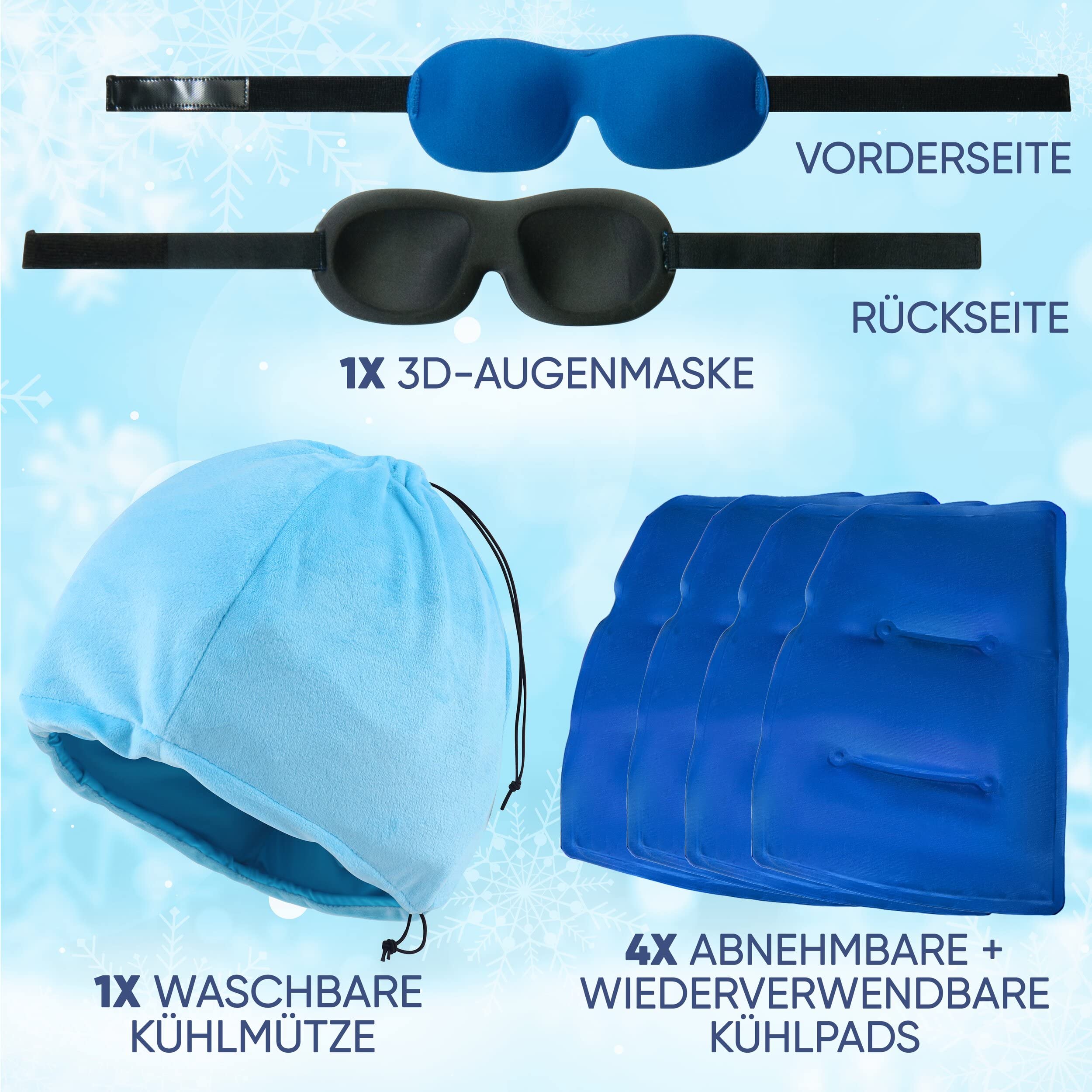 ICEHOF Cappello di raffreddamento con 4 impacco freddo gel rimovibili & maschera per dormire 3D - cappello rinfrescante in gel per la terapia chimica - Ice Cap emicrania - mal di testa