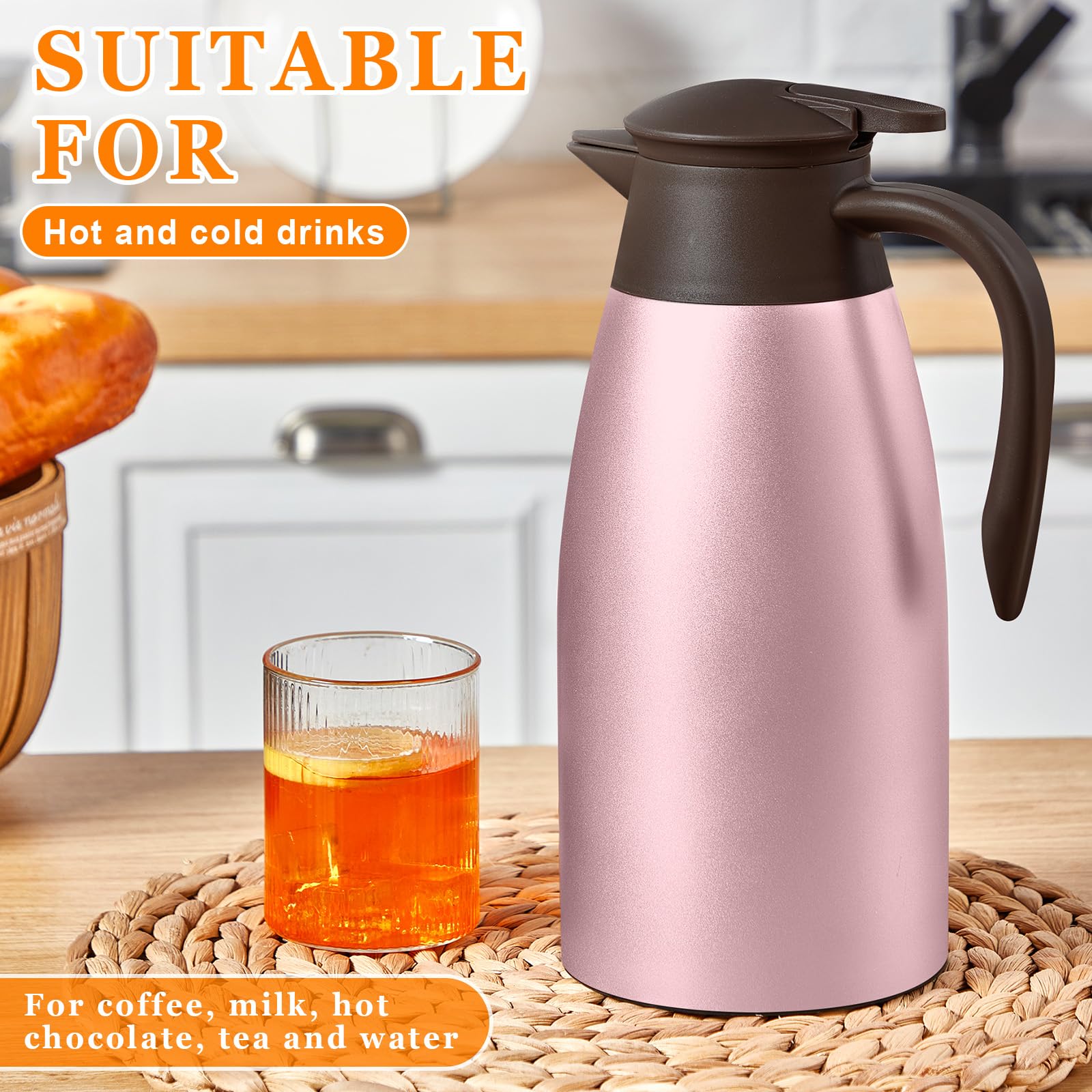 Norme 2 jarras térmicas de 68 onzas de acero inoxidable aisladas al vacío para café con cepillos, termo para café, agua caliente, té, bebidas calientes, mantiene 12 horas caliente (rojo rosa)