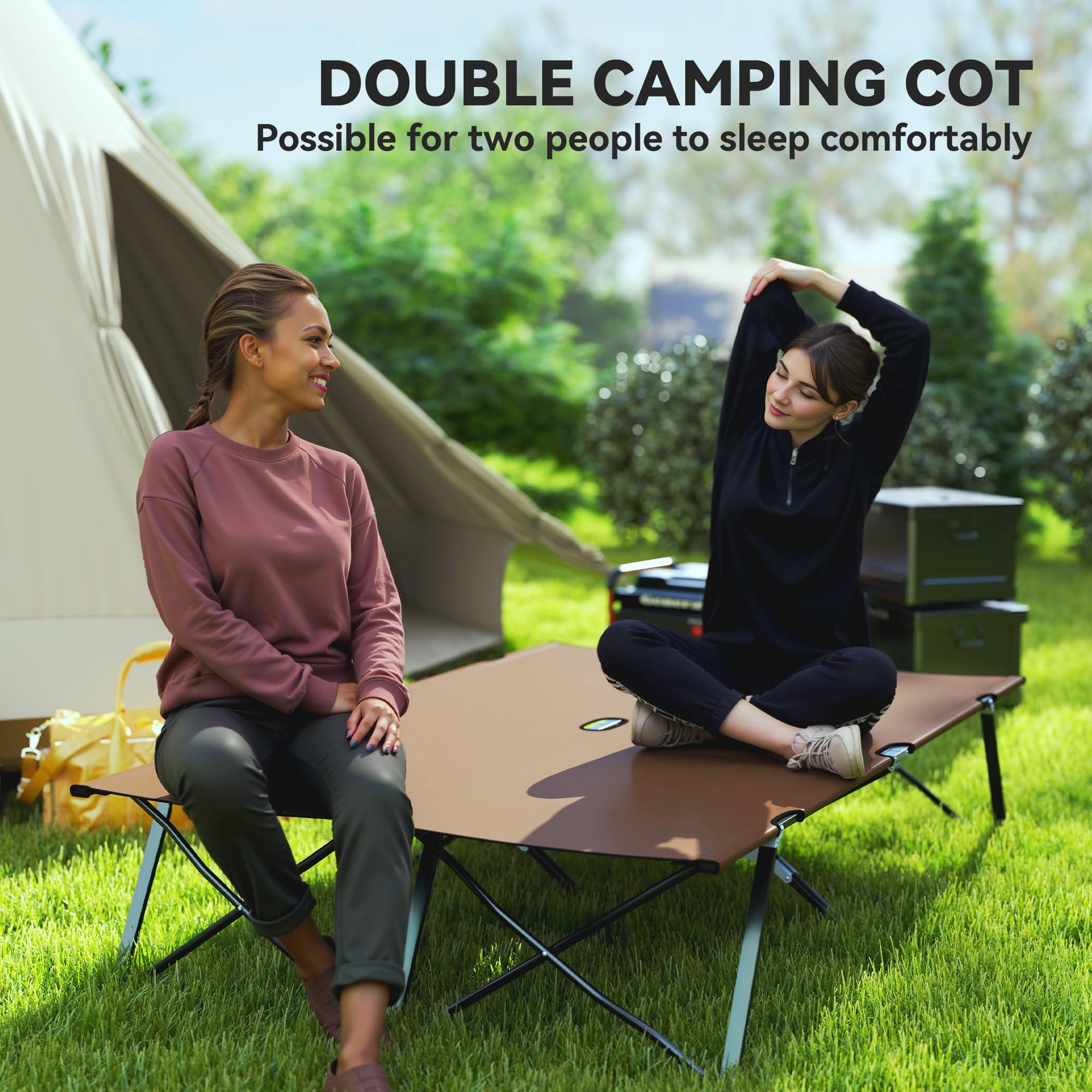 Lit de camping double Outsunny Lit de camp pliable Transat d'extérieur Lit de jardin ultra léger avec sac de transport (kaki)