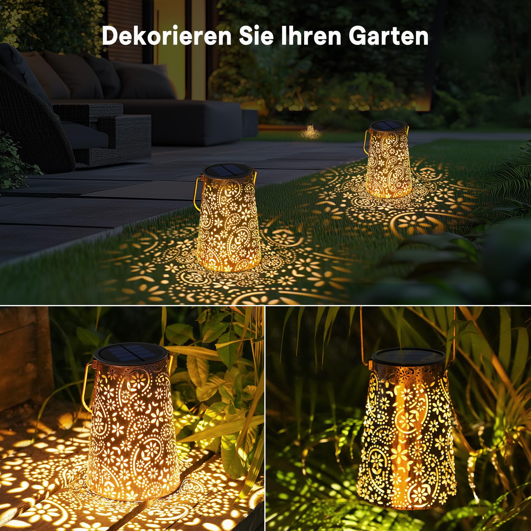 JOYCREATOR 2 Stück Solarlaterne für Außen Wasserdicht, Paisley Solar Laternen für Draußen Hängend, Metall Deko Solarlampen für Außen Garten für Terrasse Patio Baum Rasen Vintage