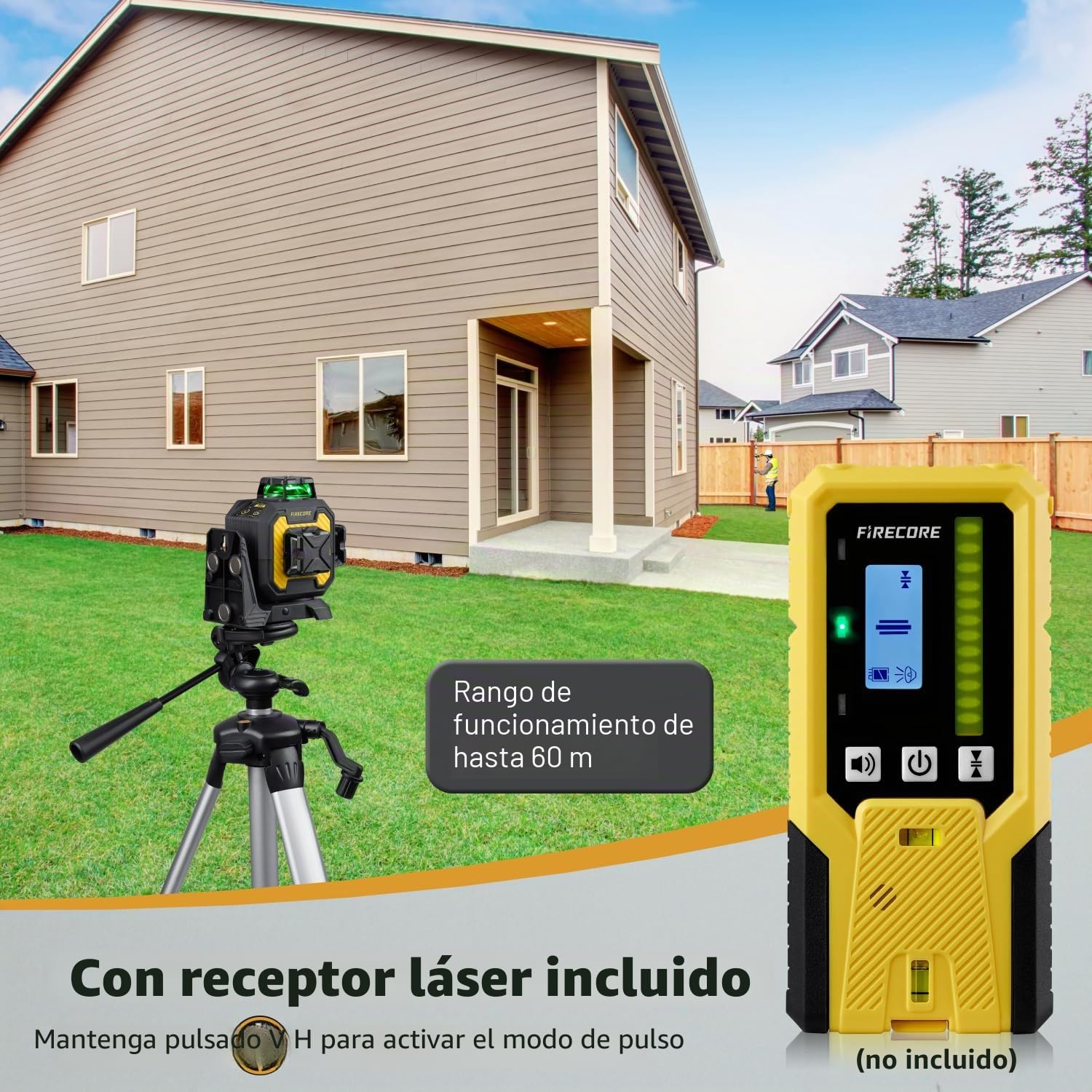 Firecore Nivel Láser Autonivelante 360° x 3, Láser Nivel de Construcción de Alta Precisión ±2 mm/10 m con Batería de Litio Recargable, Alcance de 60 m en Modo de Pulso, Ideal Para Uso en Interiores