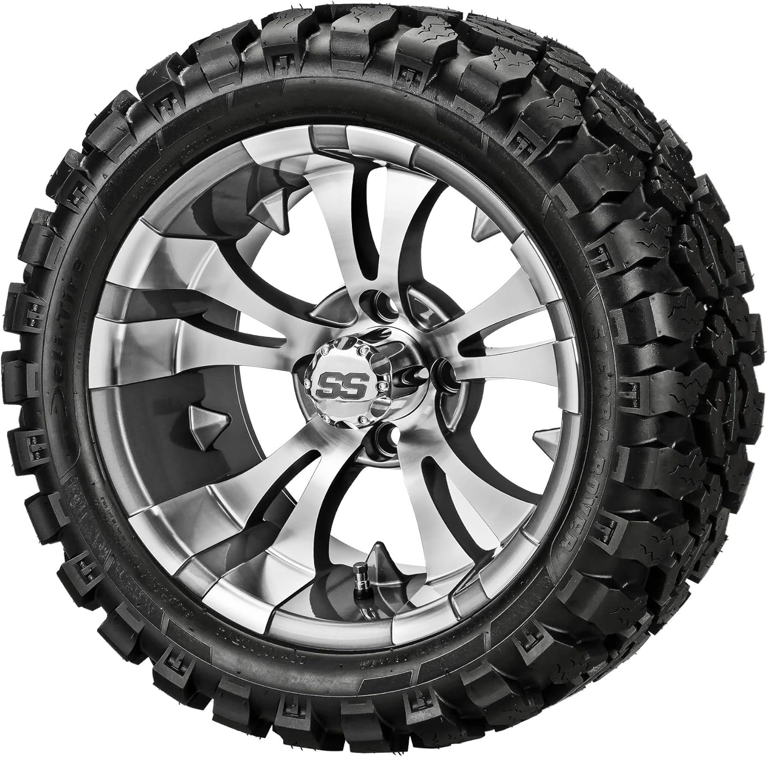 RM Cart 14" Warlock Gun Metal Gray/Machined on a 23x10R14 Sierra Rover Radial Tire (Set of 4) | Golf Cart Tires and Wheels Combo with Standard Lug Nuts