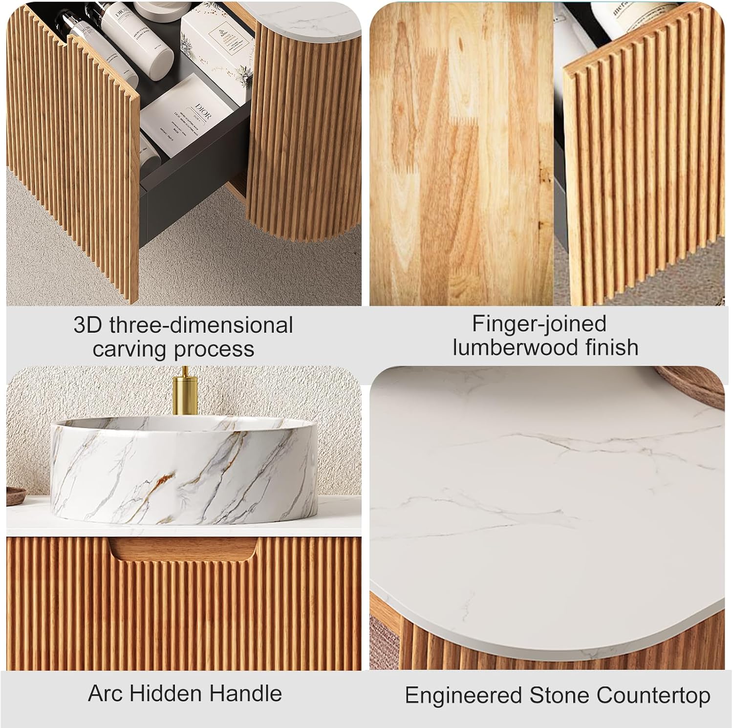 48" Floating Bathroom Vanity with Sink, Plywood Bathroom Storage Cabinet with Ultra-Thin Marble Ceramic Basin and Countertop, Large Soft-Closing Storage Drawer, Pre-Assembled, Nature Wood