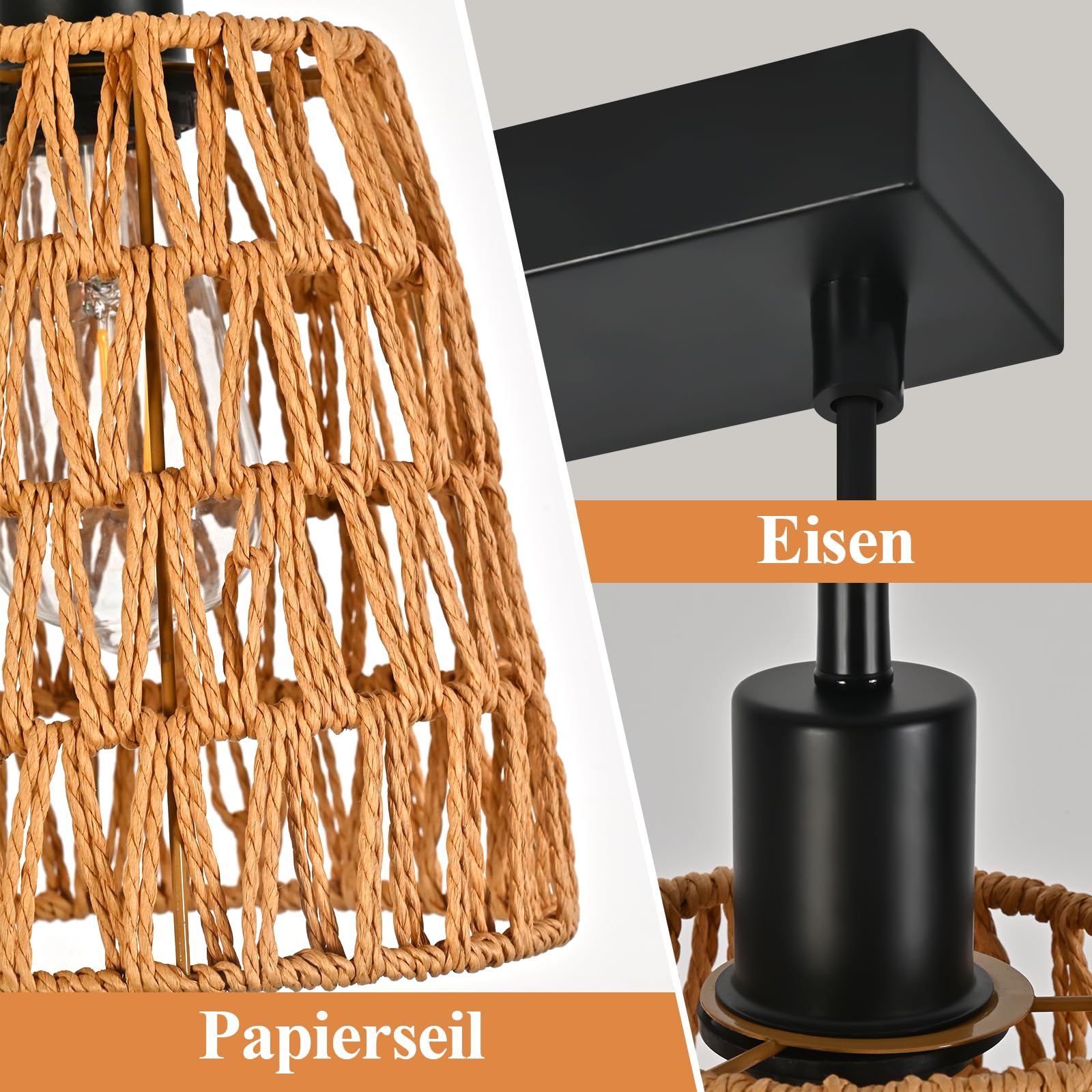 Hängelampe Boho Pendelleuchte Rattan - 3 Flammig Esstischlampe | Vintage Geflochten Hängeleuchte Esstisch Papierseil Lampenschirm mit E27 Retro für Esszimmer Schlafzimmer/Ohne Leuchtmittel