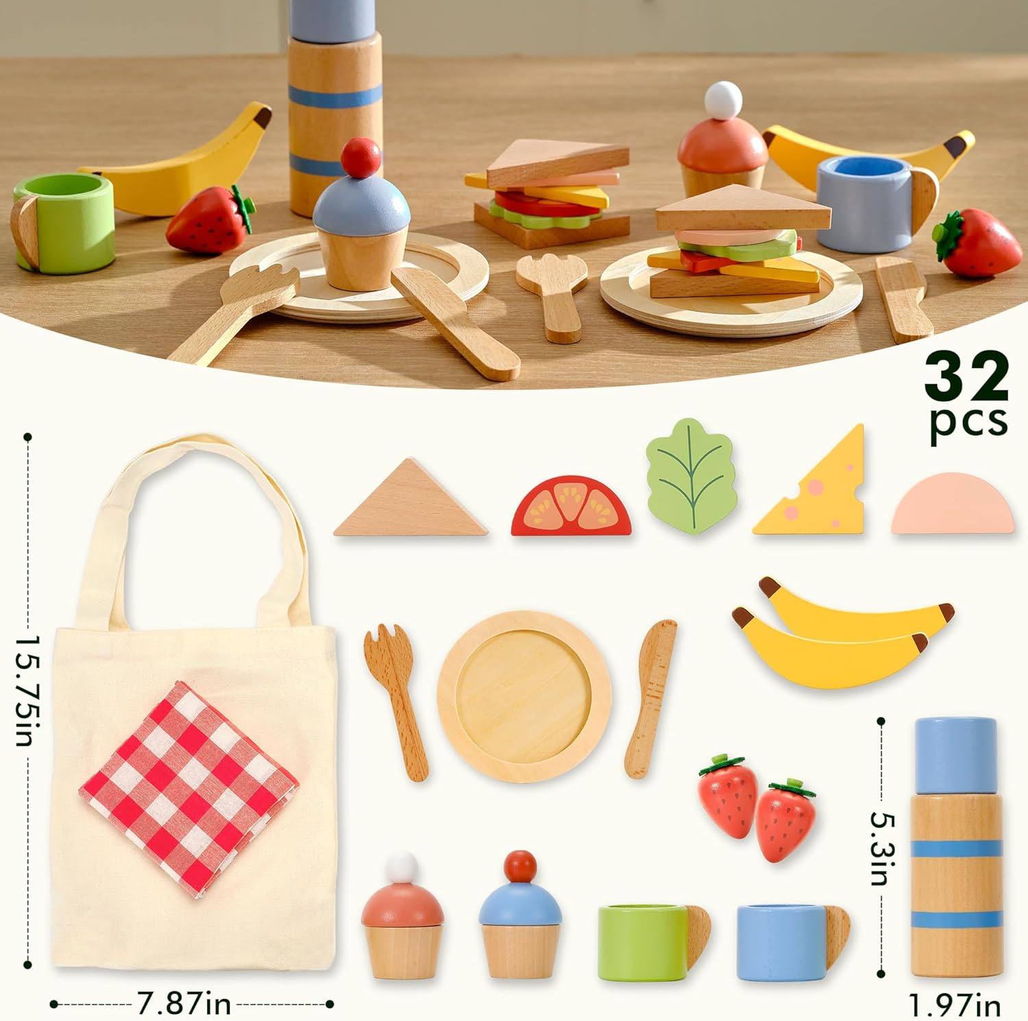 PairPear Wooden Play Food Set, 32 Pcs Pretend Play Kitchen & Picnic Playset with Carry Bag, Play Kitchen Accessories for Kids Ages 3+