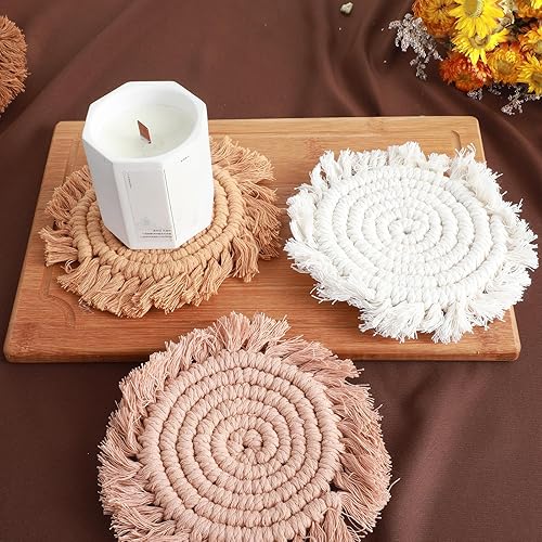 Miniatura 6 de 4 posavasos de tela, hechos a mano con bordes de borla, posavasos de ganchillo bohemios, aislamiento térmico y antideslizante, adecuado para café,