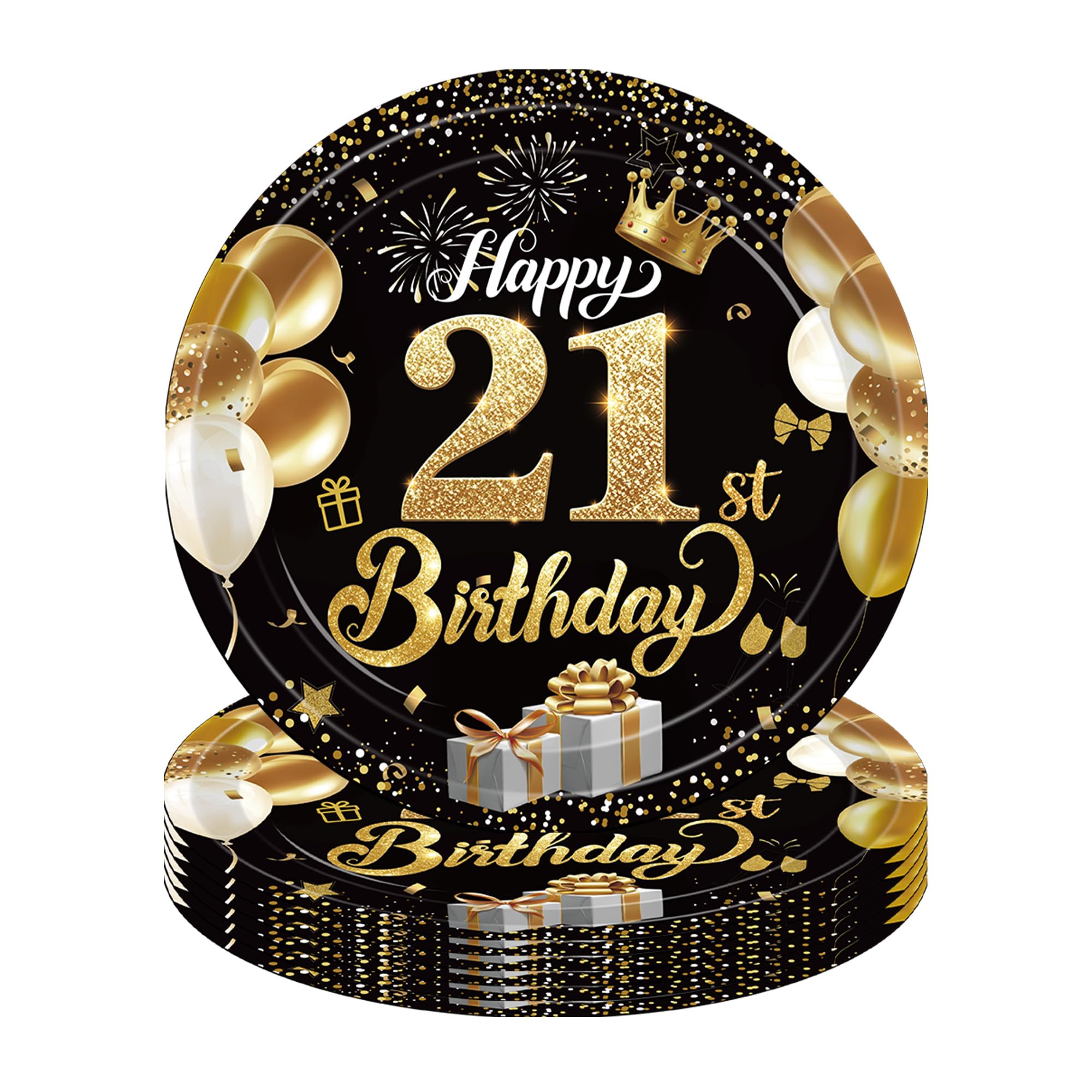 YESAH 21st Black Gold 9 Inch Birthday Paper Plates 16 Pack Party Dinnerware