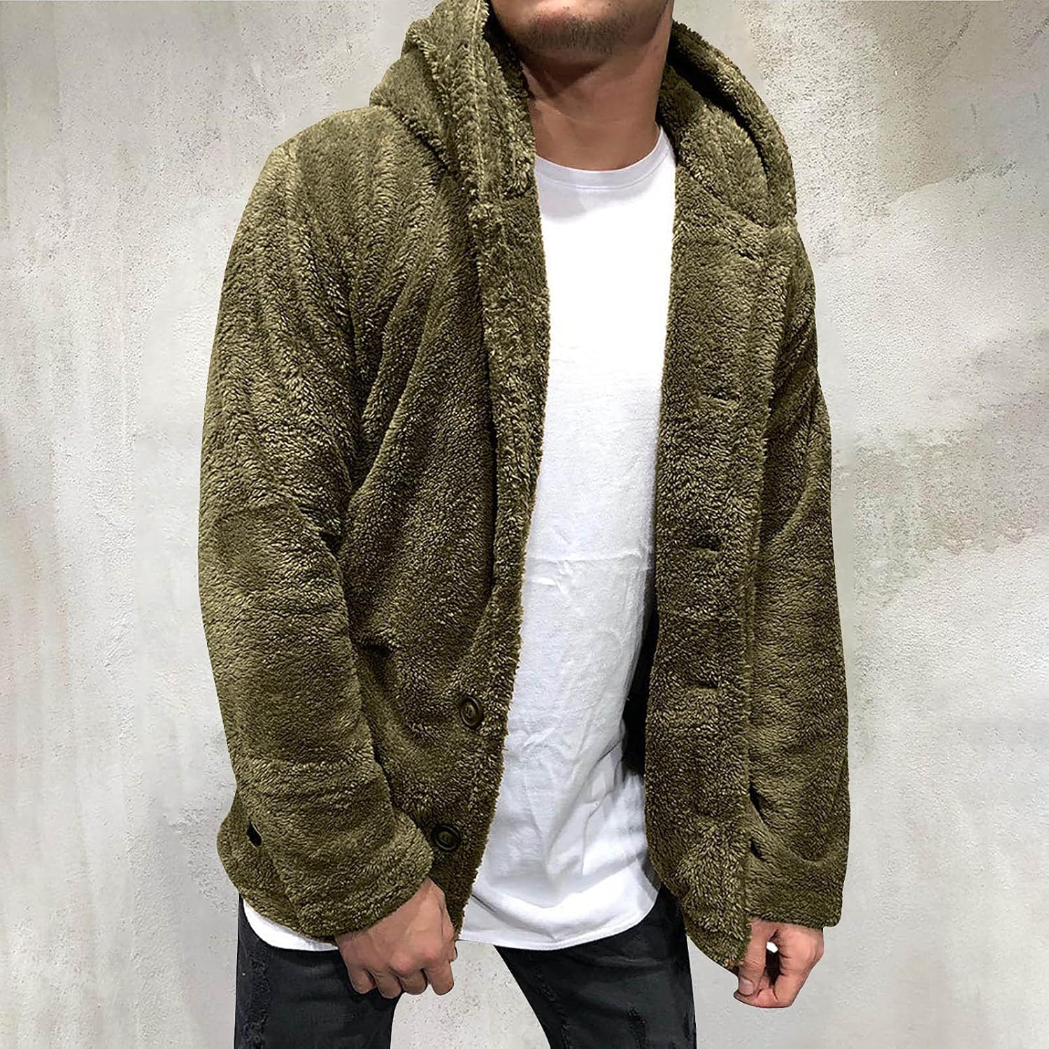 Mens Fluffy Fuzzy Jacket,Plush Fleece Casual Winter Fall Button Up Cardigan Coat Soft Sherpa Outerwear