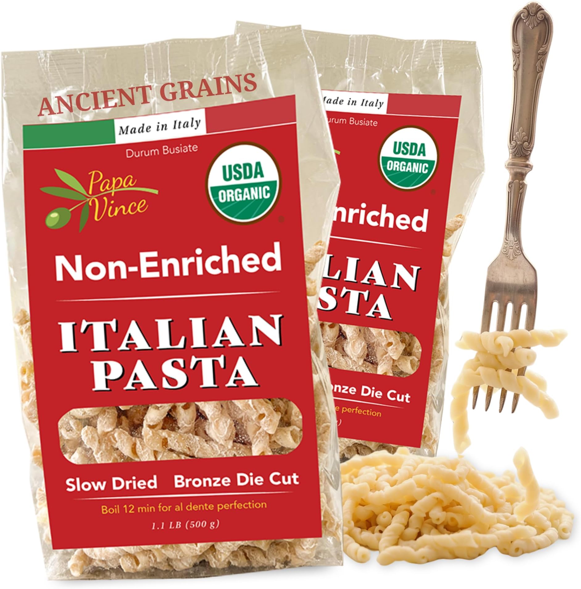 Organic Non Enriched Whole Wheat Pasta Busiate from Sicily, Italy, 2-Pack