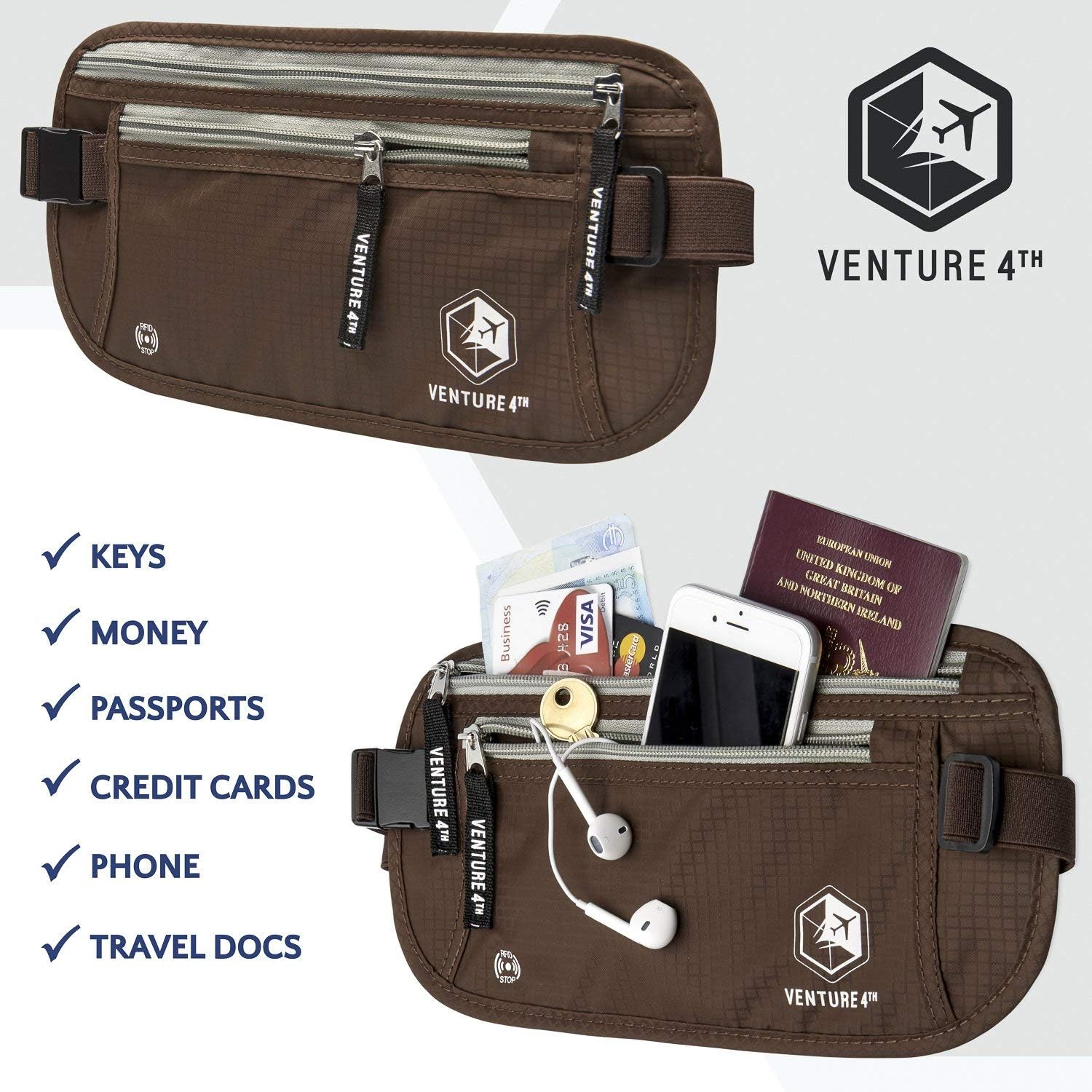 VENTURE 4TH Money Belt for Travel – Hidden Under-Clothes RFID Blocking Passport Holder & Slim Travel Wallet Pouch for Men & Women to Protect Cash, Cards & Documents (Brown) - Image 7