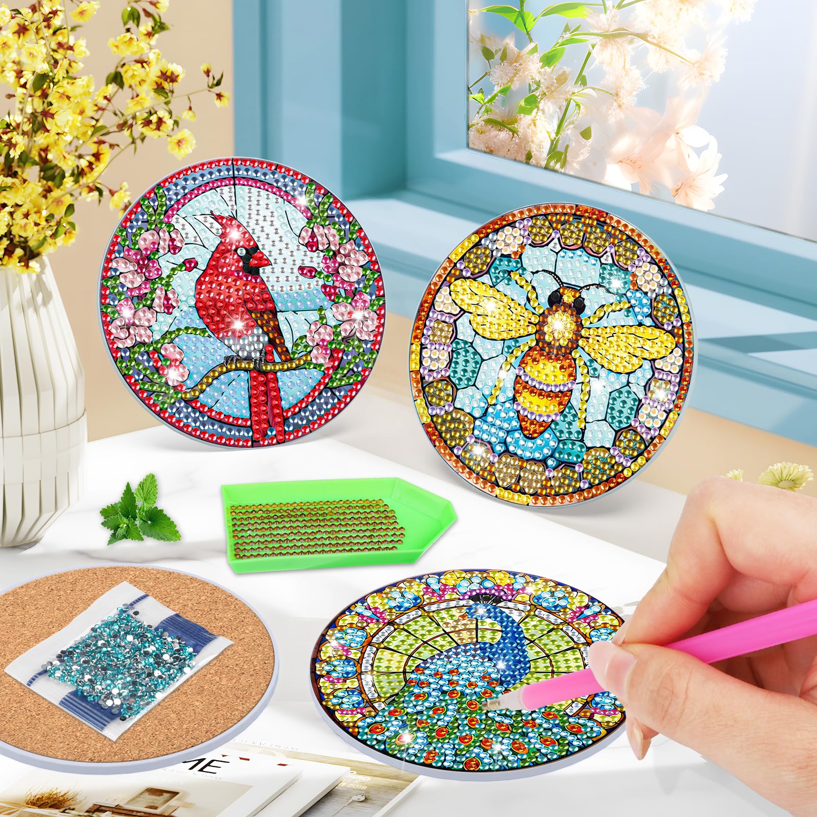 8pcs Diamond Painting Sottobicchieri Mandala Kit Sottobicchieri Fai Da Te 5D Sottobicchieri Assorbenti con Supporto Sottobicchiere Diamond Painting per Tavola Bevande Tazze Vasi (Creature Marine