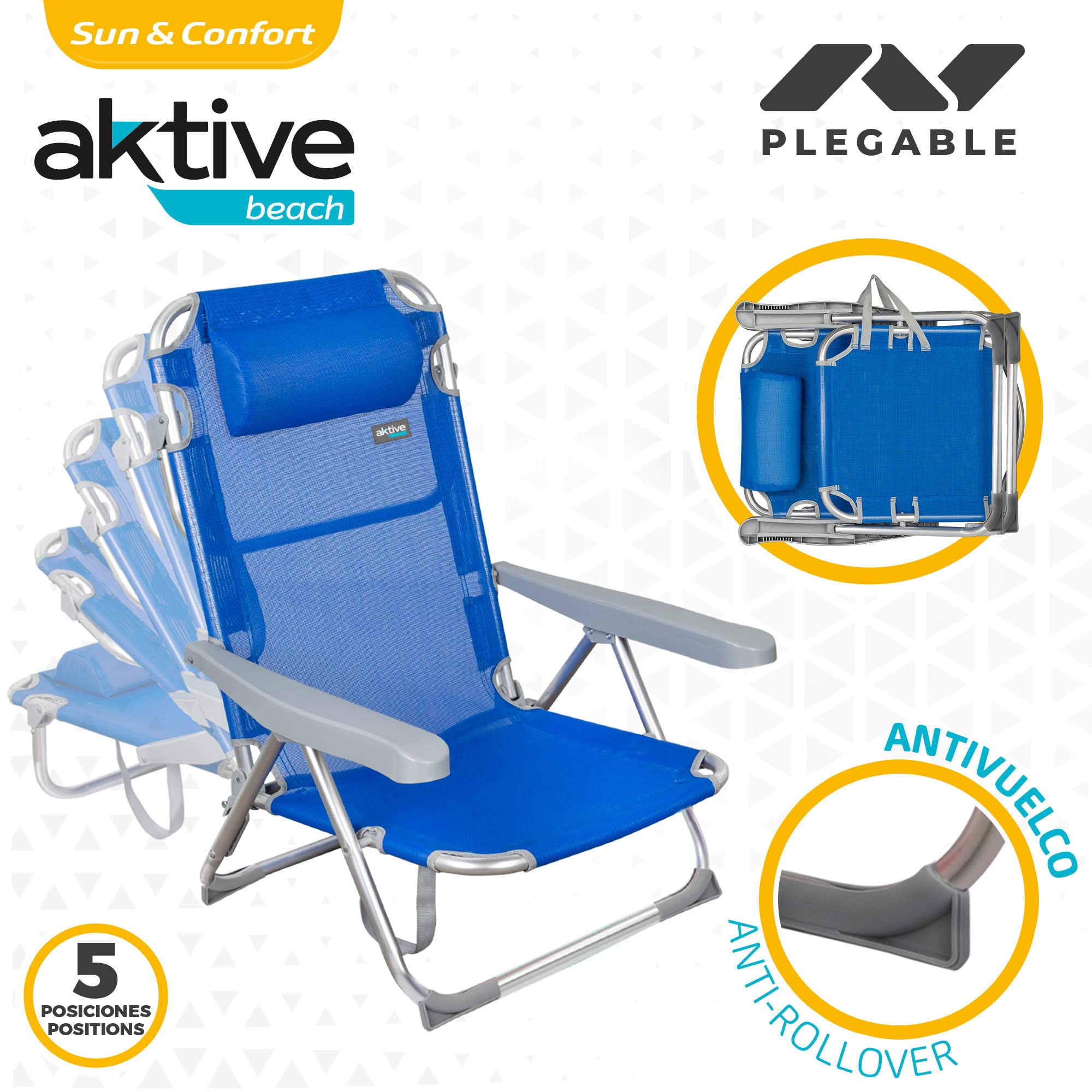 AKTIVE Beach - Lot de 2 Chaises de Plage Pliantes Gomera, Multipositions avec Dossier Réglable, Coussin, Protections Anti-Renversement et Poignée de Transport, 48 X 60 X 90 cm, Bleu