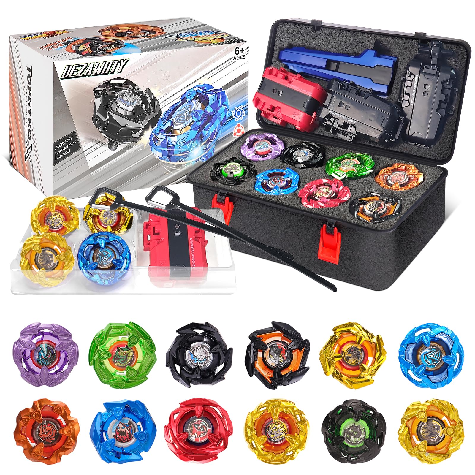 DEZAWRTY Set de Batalla X – 12 Peonzas Giratorias, 3 Lanzadores y 1 Empuñadura con Caja de Almacenaje, Juguete Cumpleaños para Niños 6+ Años (X1)