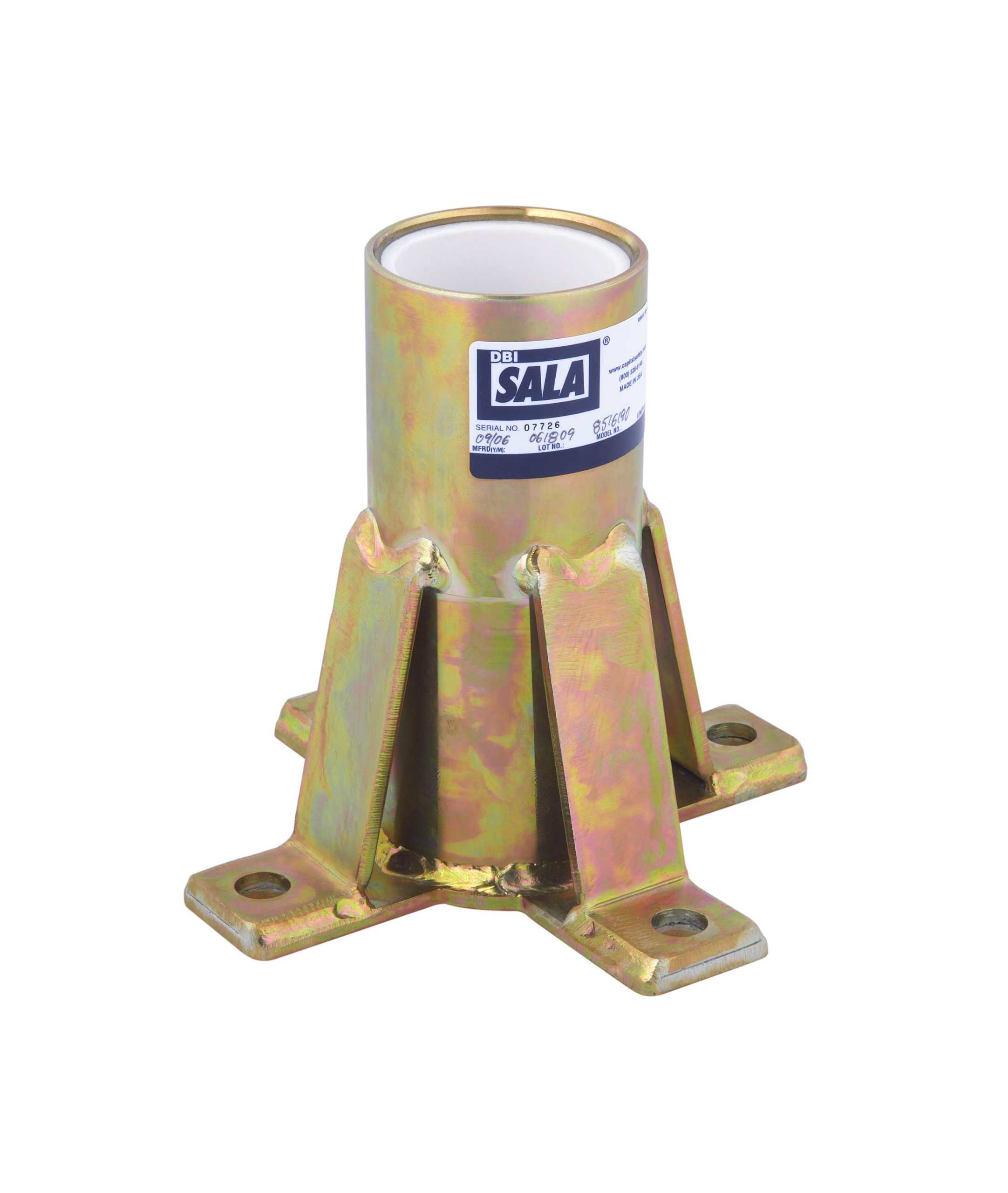 3M DBI-SALA Advanced 8516190 Confined Space System, Floor Mount Sleeve Davit Base, Zinc Plated, for Advanced Offset Davit Mast, Yellow Zinc