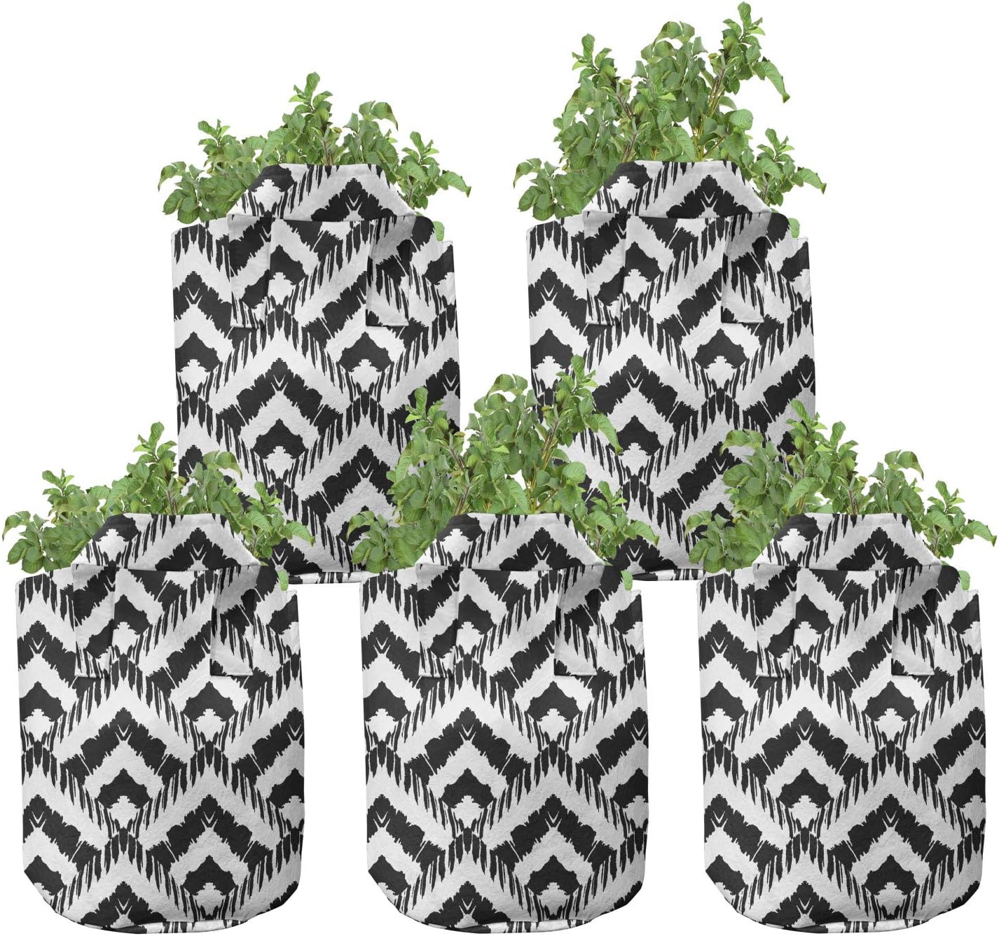 Ambesonne Black and White Grow Bags 5-Pack, Chevron Lines, Heavyduty Fabric Pots with Handles for Plants, 5 Gallon, Black White