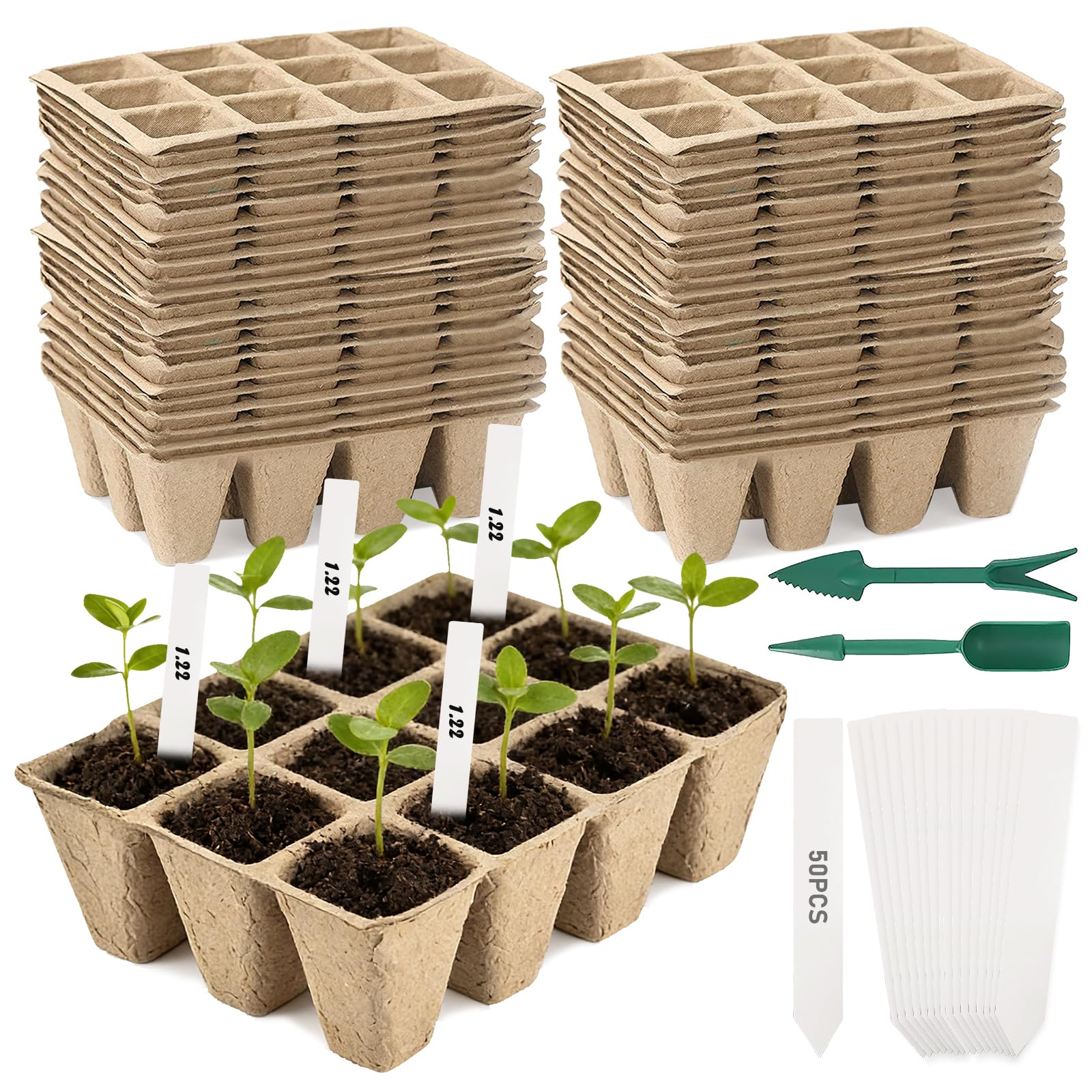 PORFOYO Lot de 50 pots de culture, 600 cellules, biodégradables, en carton, sans tourbe, avec 50 étiquettes et outils