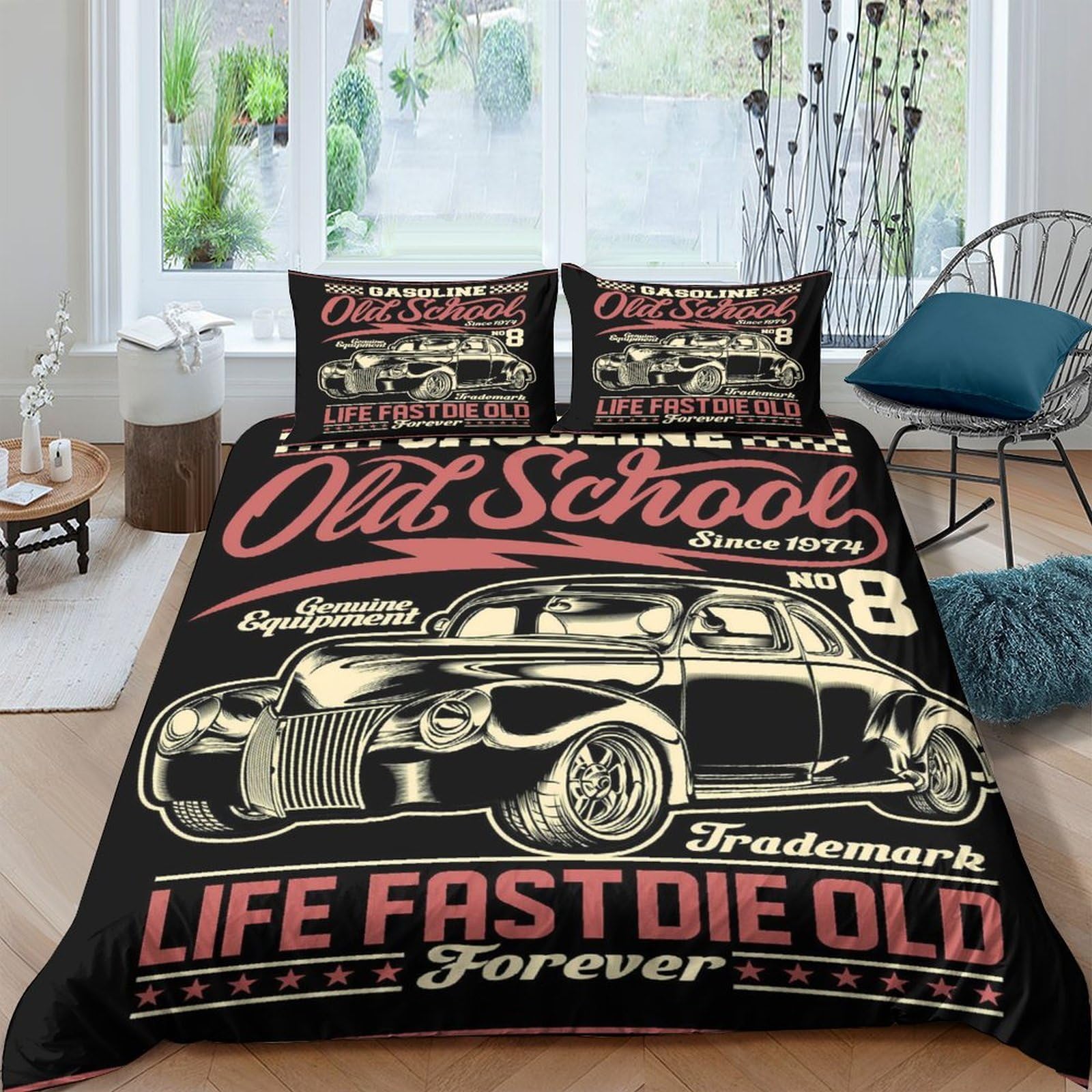 Ctjqhvkz Style-5 3D Printed Vintage Car Fitted Sheet Microfiber Black Retro Typography Bed Cover For Bedroom Dorm Mattress Protection Decor Single（135X200cm）