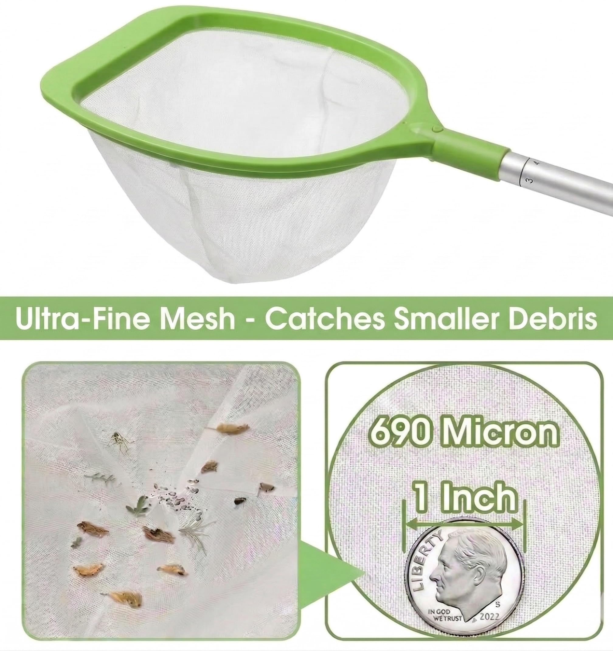 Hot Tub Skimmer Net, Small Pool Pond Net with Pole, Fine Mesh Leaf Rake for Spa Fountain Hot Tubs, Aluminum Handle Debris Cleaner, Above Ground Inground Pool Net, Mini Net, Green (2-section handle) - 3