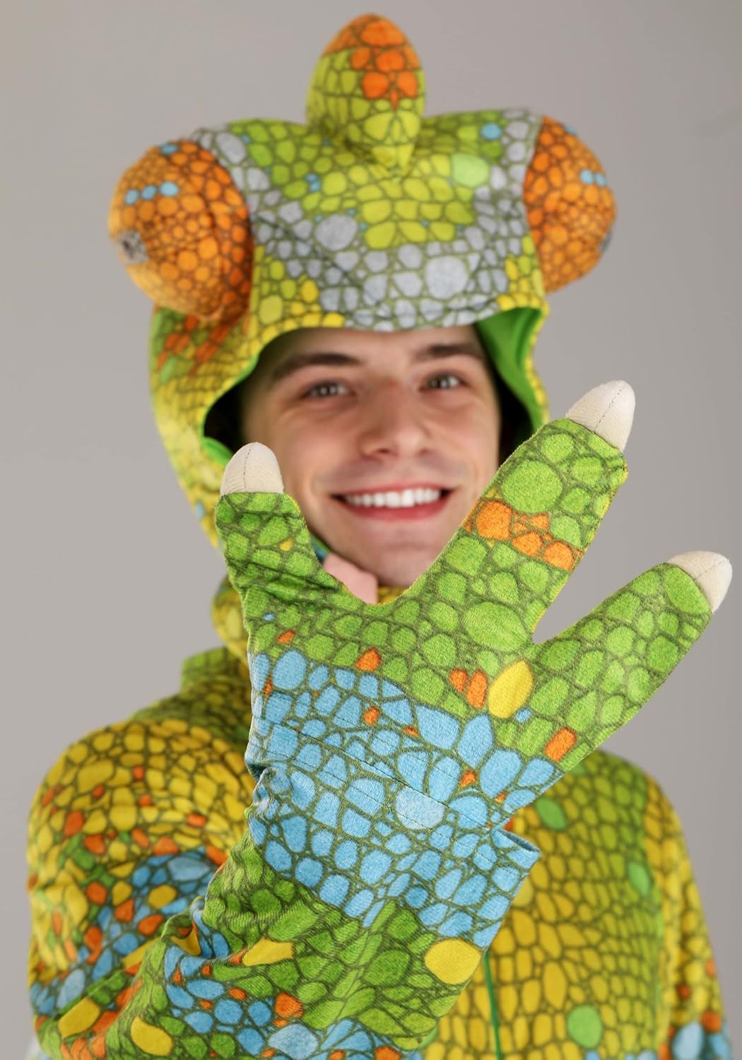 Adult Chameleon Halloween Costume | Realistic Reptile Jumpsuit with Headpiece, Gloves, and Shoe Covers for Themed Events