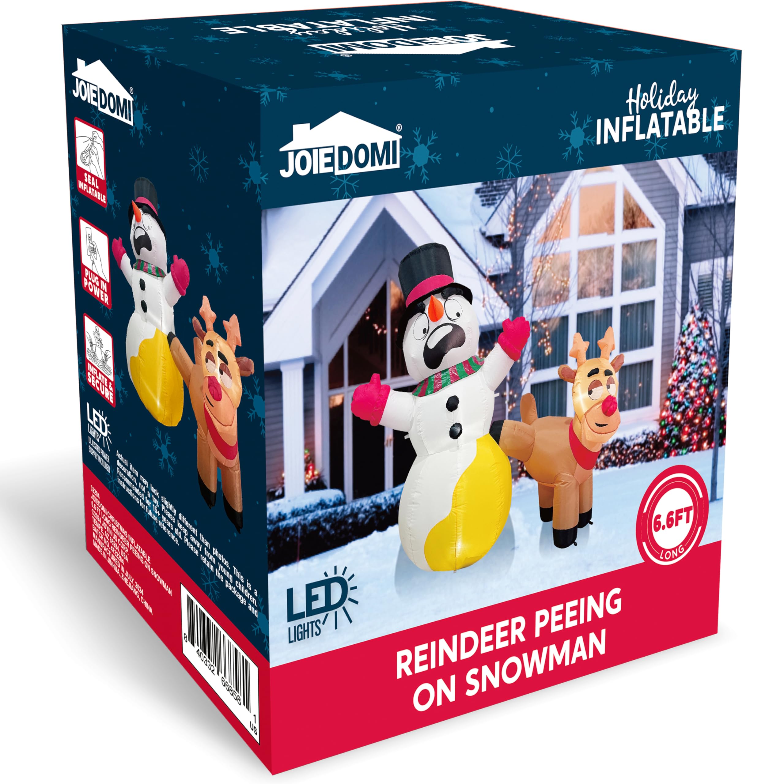 Joiedomi Renne gonflable de Noël de 2 m de long qui fait pipi sur un bonhomme de neige, décorations de Noël gonflables avec LED intégrées pour décoration de fête de Noël, extérieur, intérieur, cour,