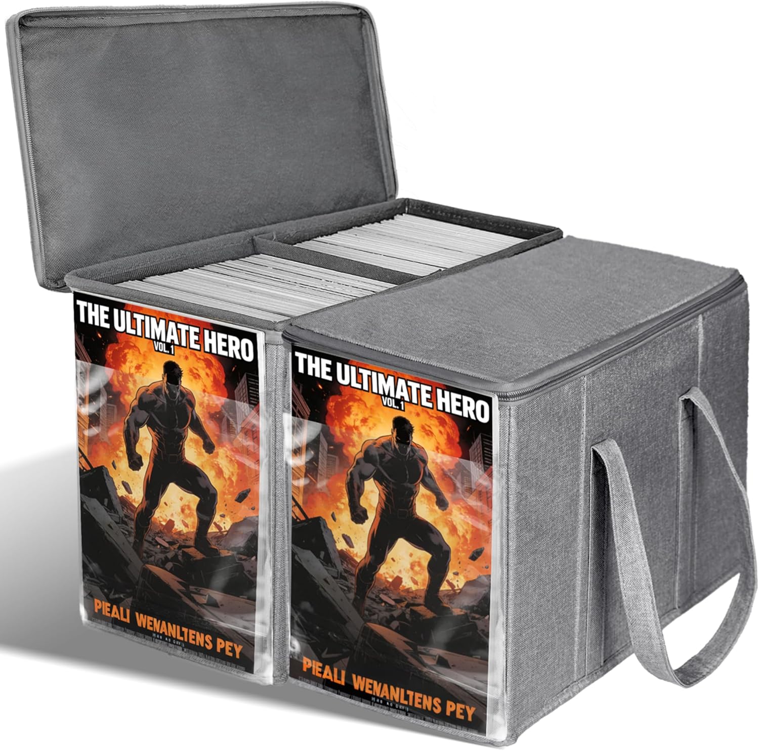 Fabric Comic Book Storage Box with Adjustable Divider, Sturdy Oxford Cloth Organizer Bin for Comics, Magazines, Books, Keeps Upright and Protected, Gray, 2 Pack