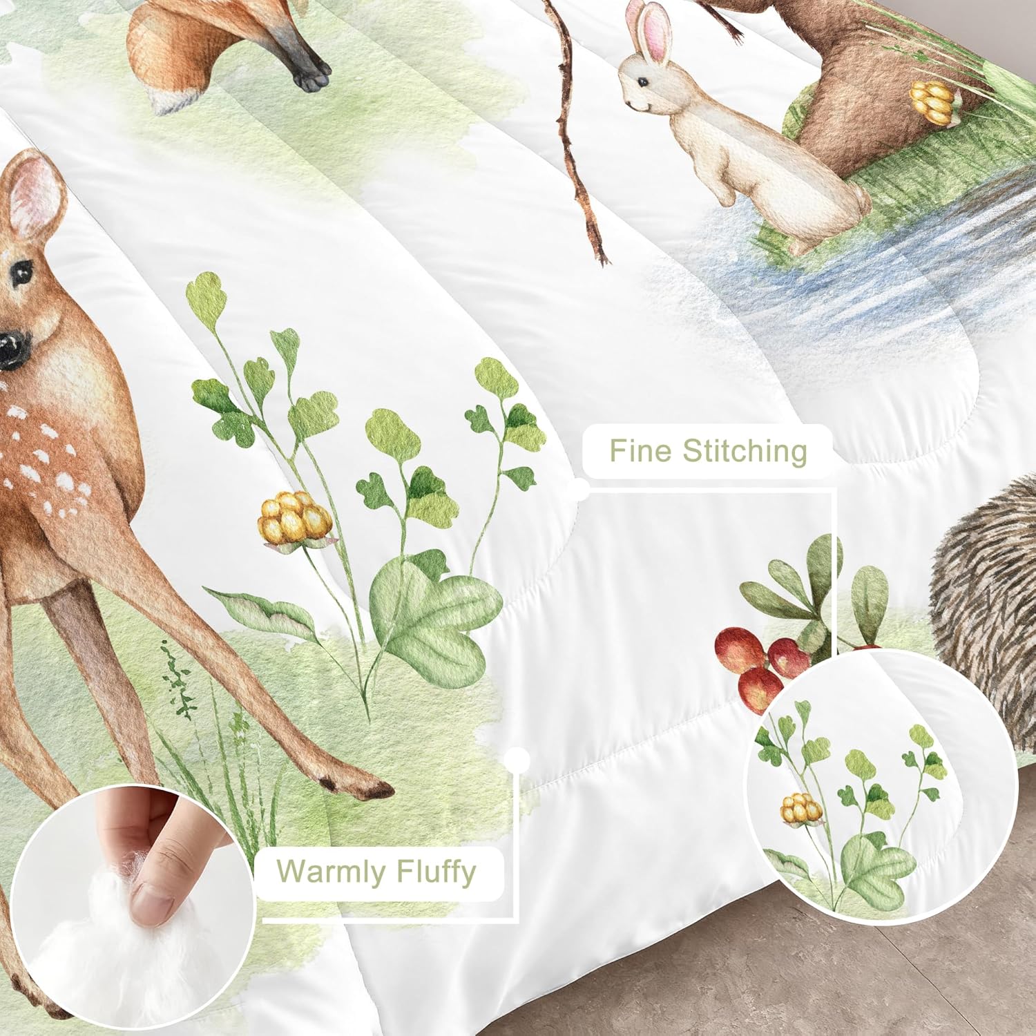 Wildlife Animals Comforter Set Twin for Kids Woodland Fox Deer and Bear Print Bedding Set Soft Cartoon Animal Print Bed Set White Green Forest Quilt Set with 1 Comforter + 1 Pillowcase