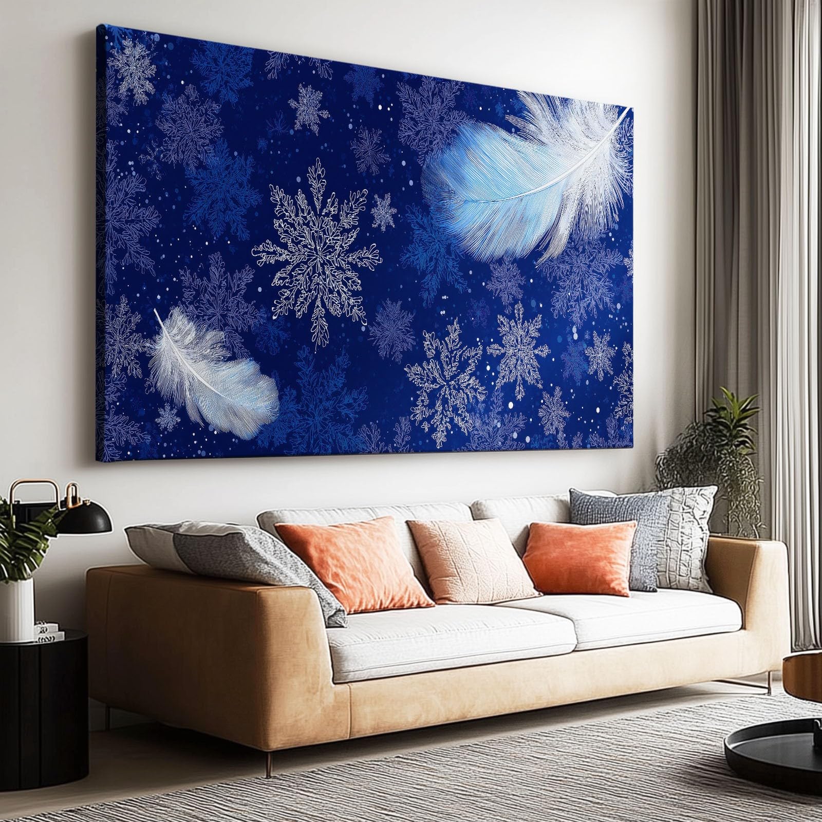 Genérico Obrazy dekoracyjne z ramą niebieskie pióra płatki śniegu 140 x 70 cm płótno ścienne 3D, obraz dekoracyjny do salonu sypialni łazienki kuchni korytarza, dekoracja domu
