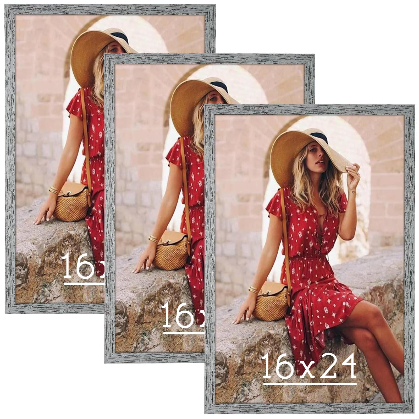 HLiWEGNS Grey 16x24 Frame Set of 3 - Rustic Woodgrain 16 x 24 Poster Frame with Plexiglass for Wall Gallery Display, 16x24 Picture Frame for Puzzles, Artwork, Photos and Posters - Ideal Christmas Day