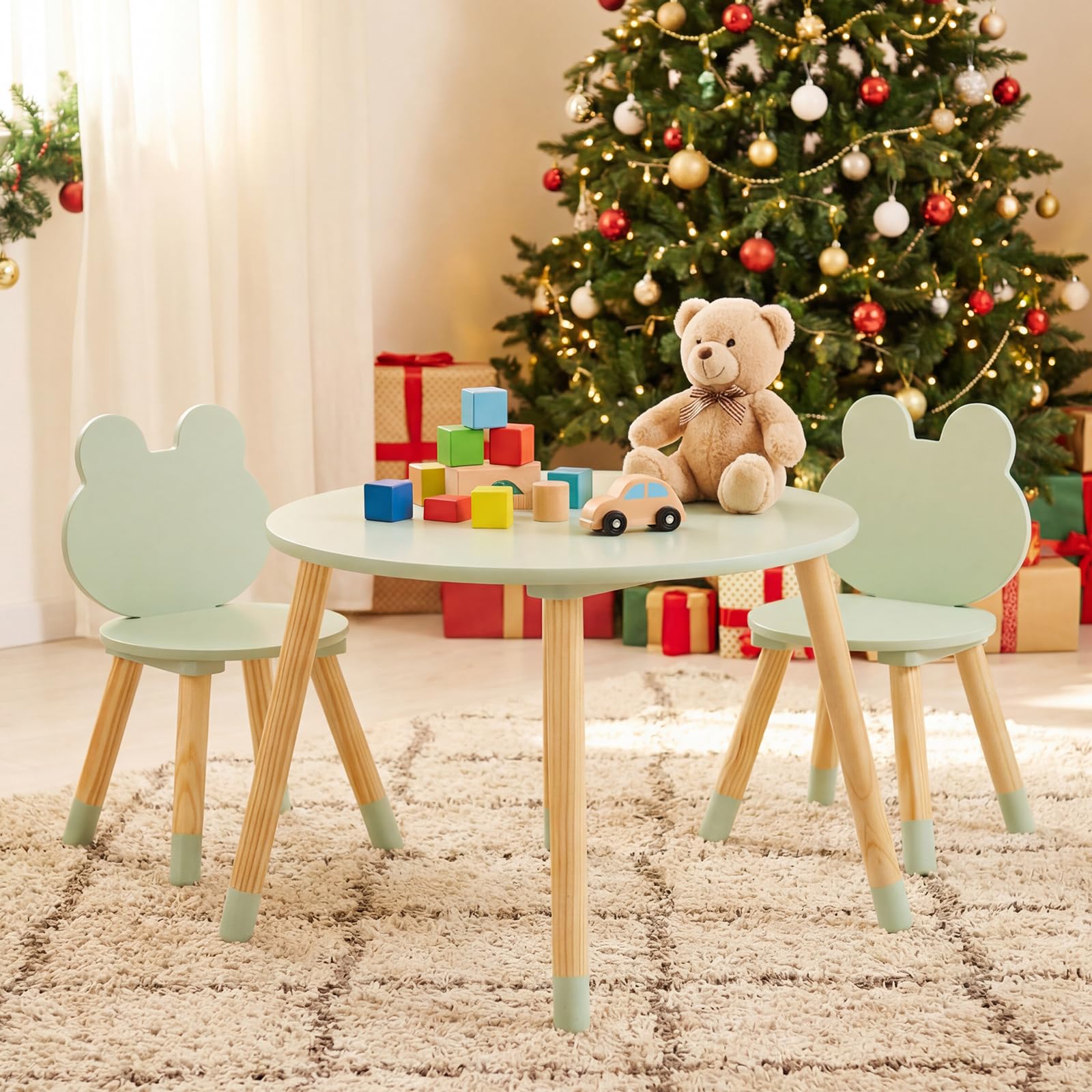COSTWAY Set Tavolo e Sedie per Bambini, Tavolino e 2 Sedie a Forma di Rana con Gambe in Legno e Angoli Arrotondati, Set Mobili Salvaspazio per Bambini 3+ Anni per Cameretta Ragazzi (Verde)