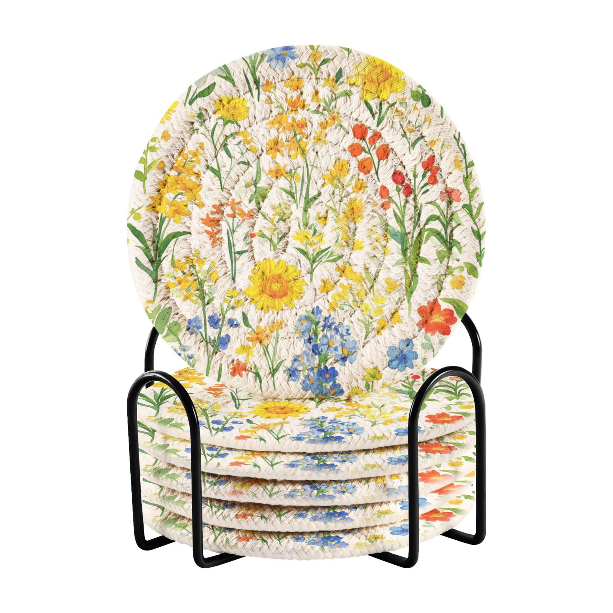 Smazdfxx Women's As Pic Summer Flowers Delphinium Sunflower White Cotton Rope Coasters Set With Holder 6 Pack Absorbant Coasters