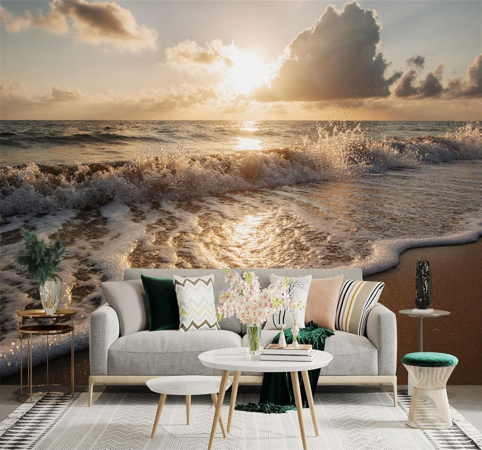 Xlming 250Cm×170Cm(B×H) Gold Sunset Beach Waves Clouds 3D Wallpaper Premium Textured Silk Study Dining Living Room Bedroom Sofa Tv Wall Easy Install-250Cm×170Cm